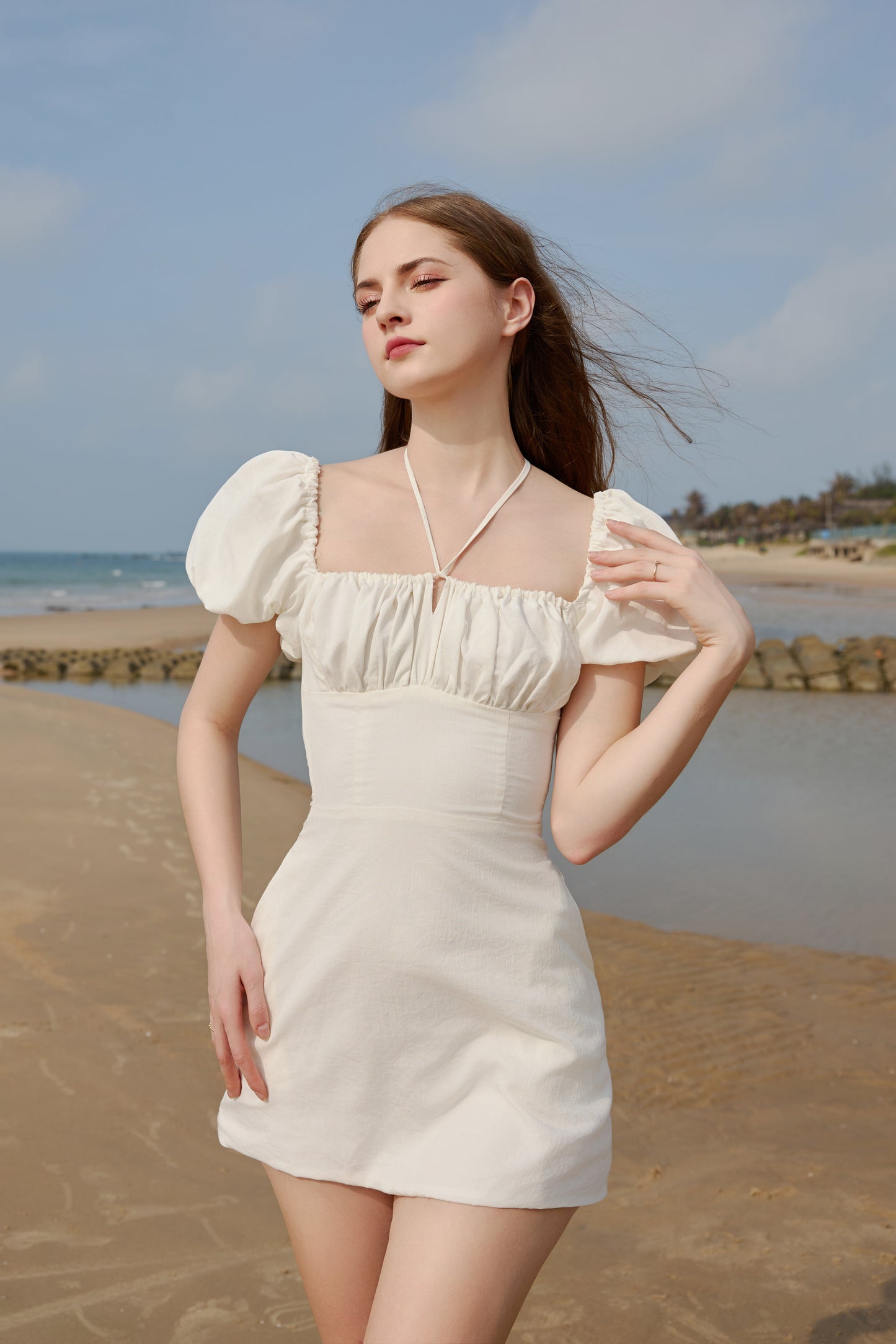 Leah Puffy Sleeve Mini Dress In White