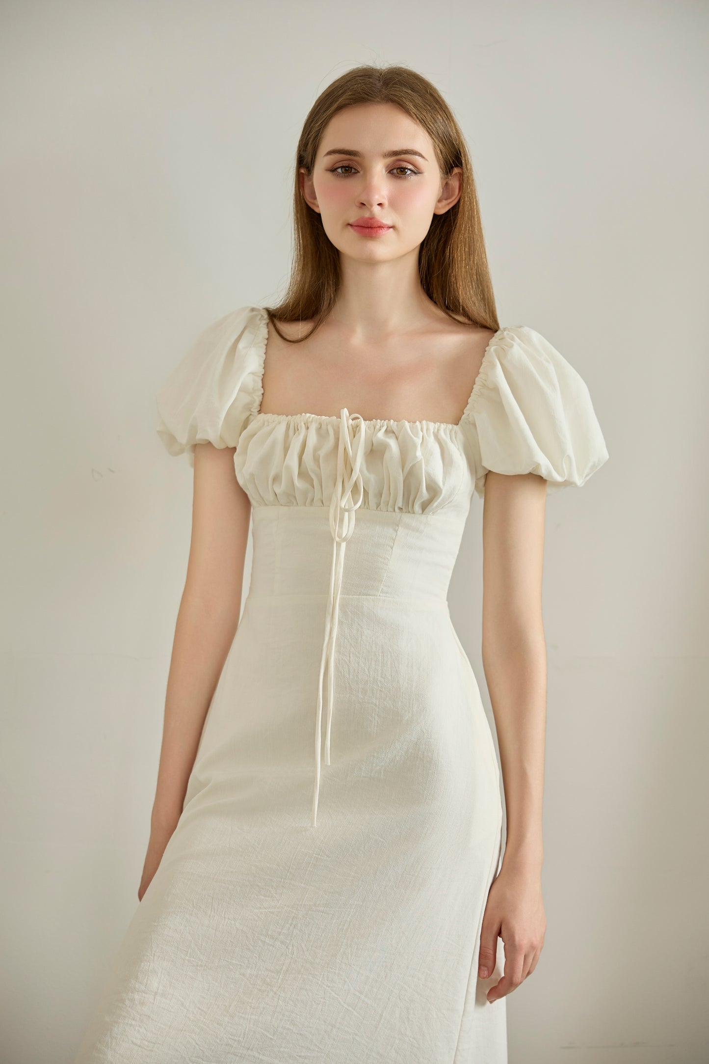 Elora Puffy Sleeve Midi Dress In White