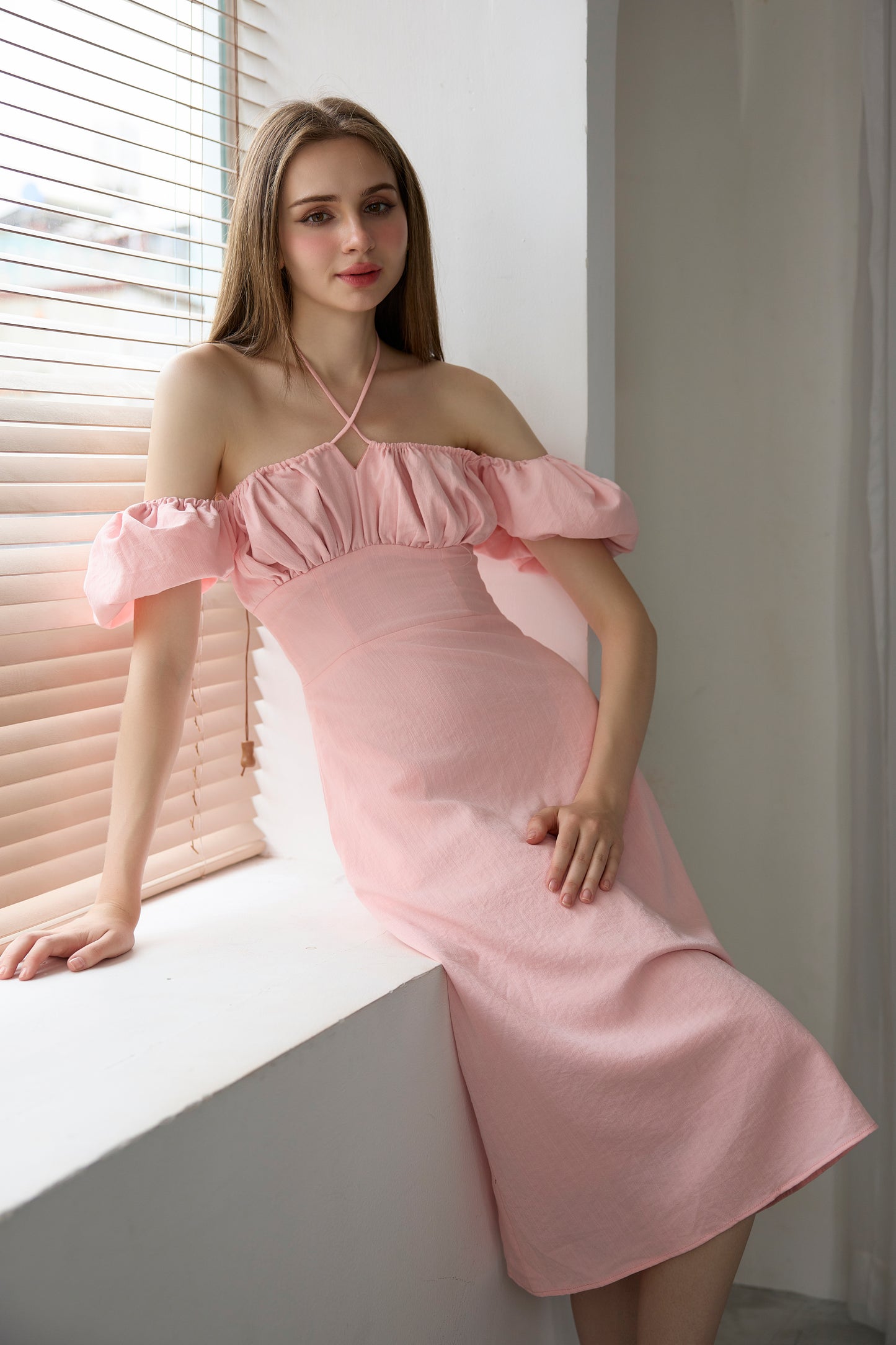 Elora Puffy Sleeve Midi Dress In Pink