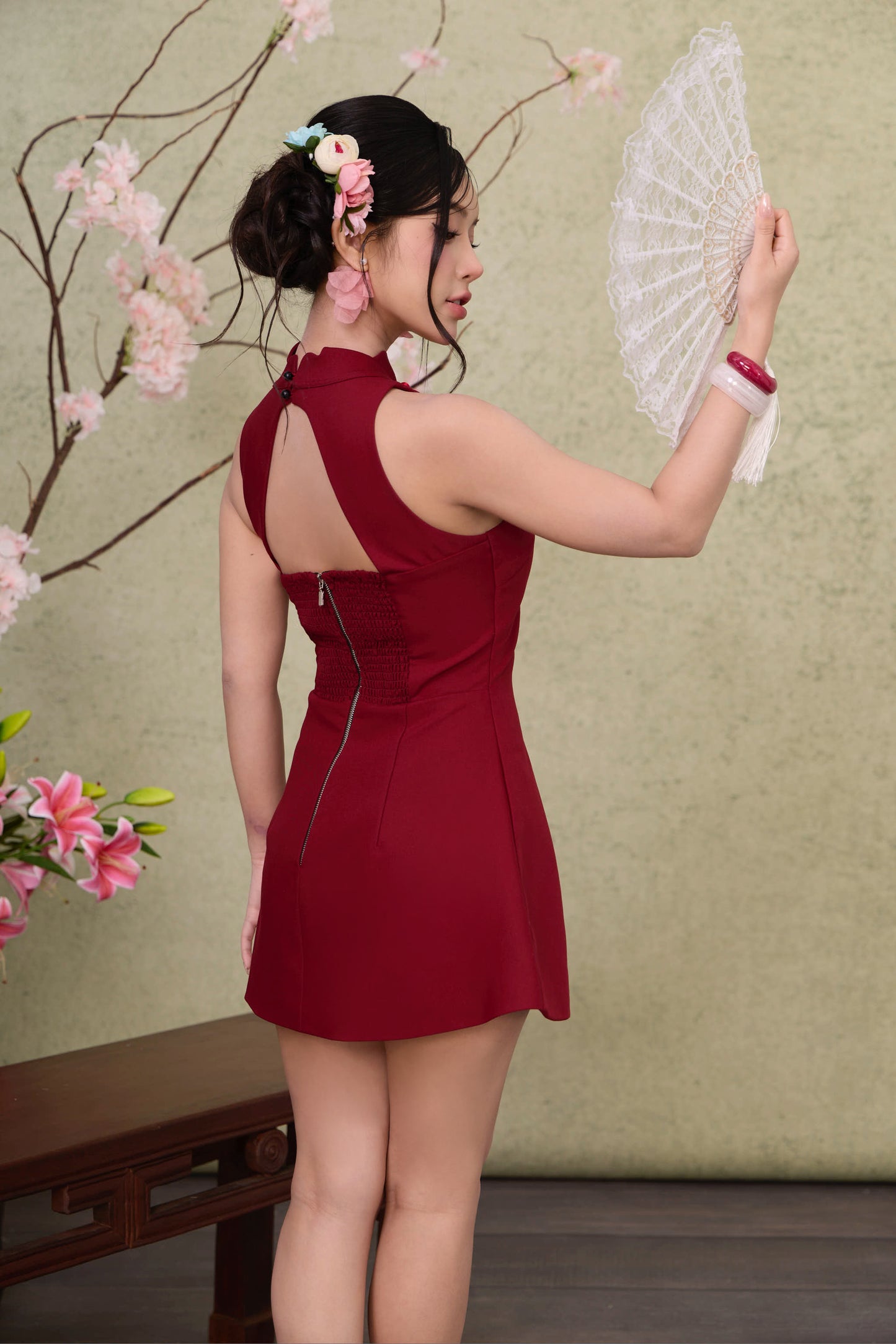 Petal Cheongsam Dress - Plain Maroon