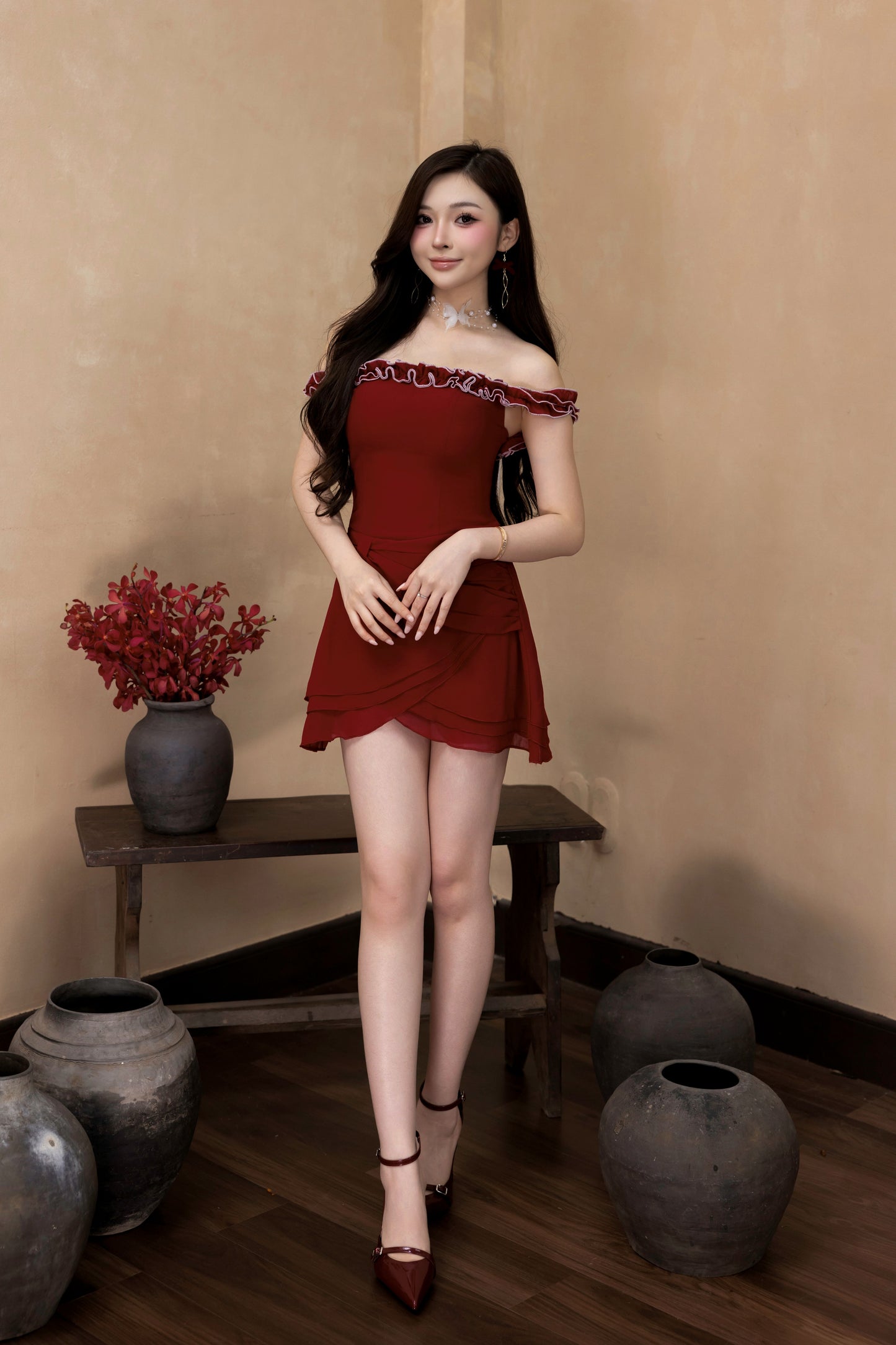 Rosanna Offshoulder Romper Dress In Red