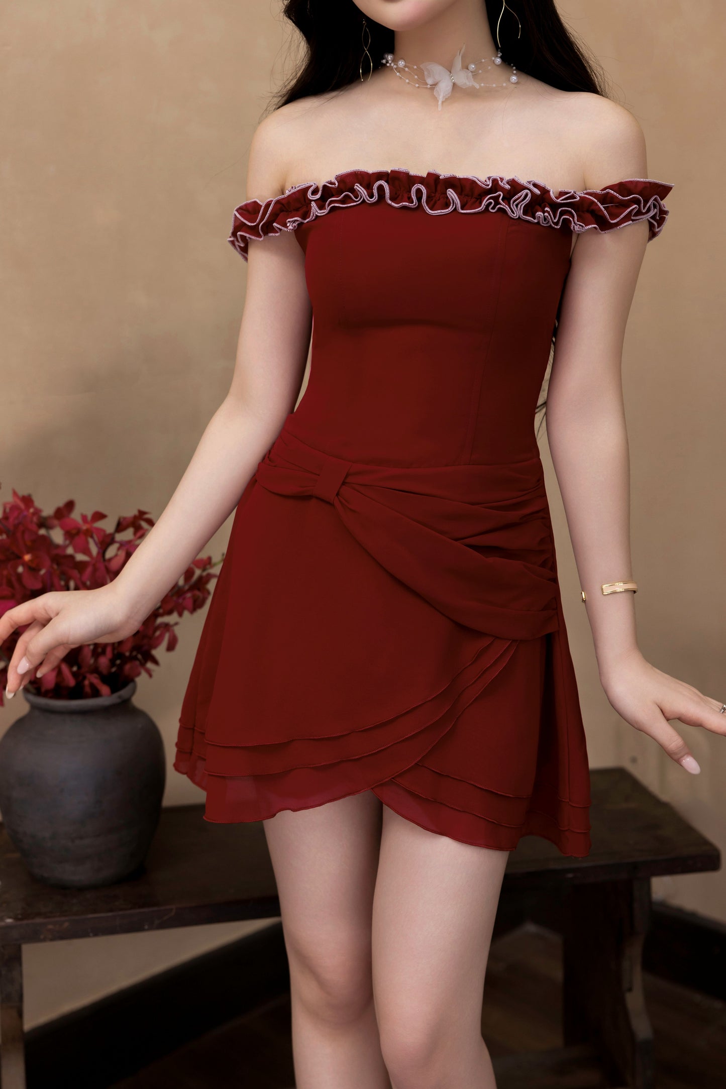 Rosanna Offshoulder Romper Dress In Red