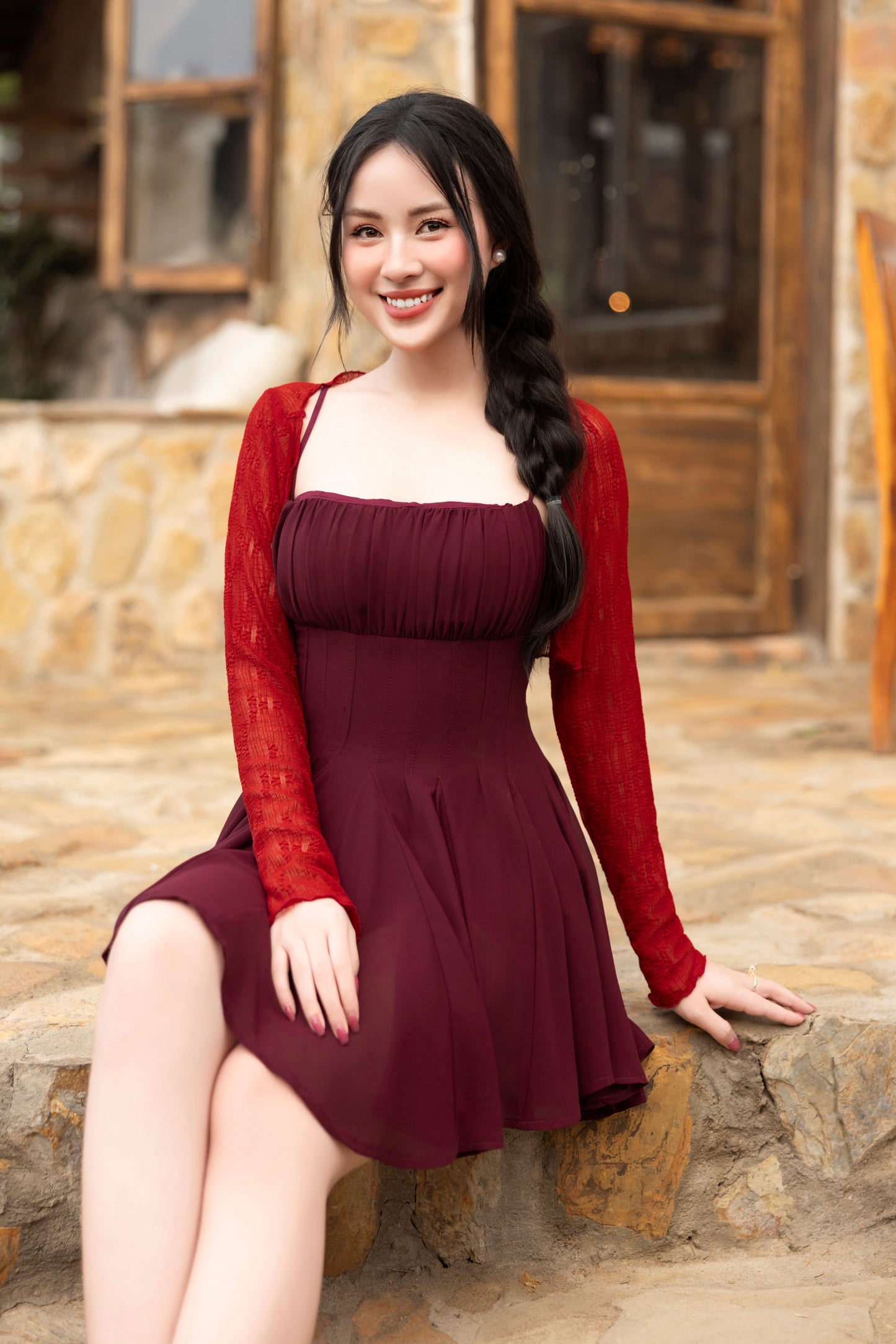 Hera Mini Dress & Lace Bolero In Burgundy