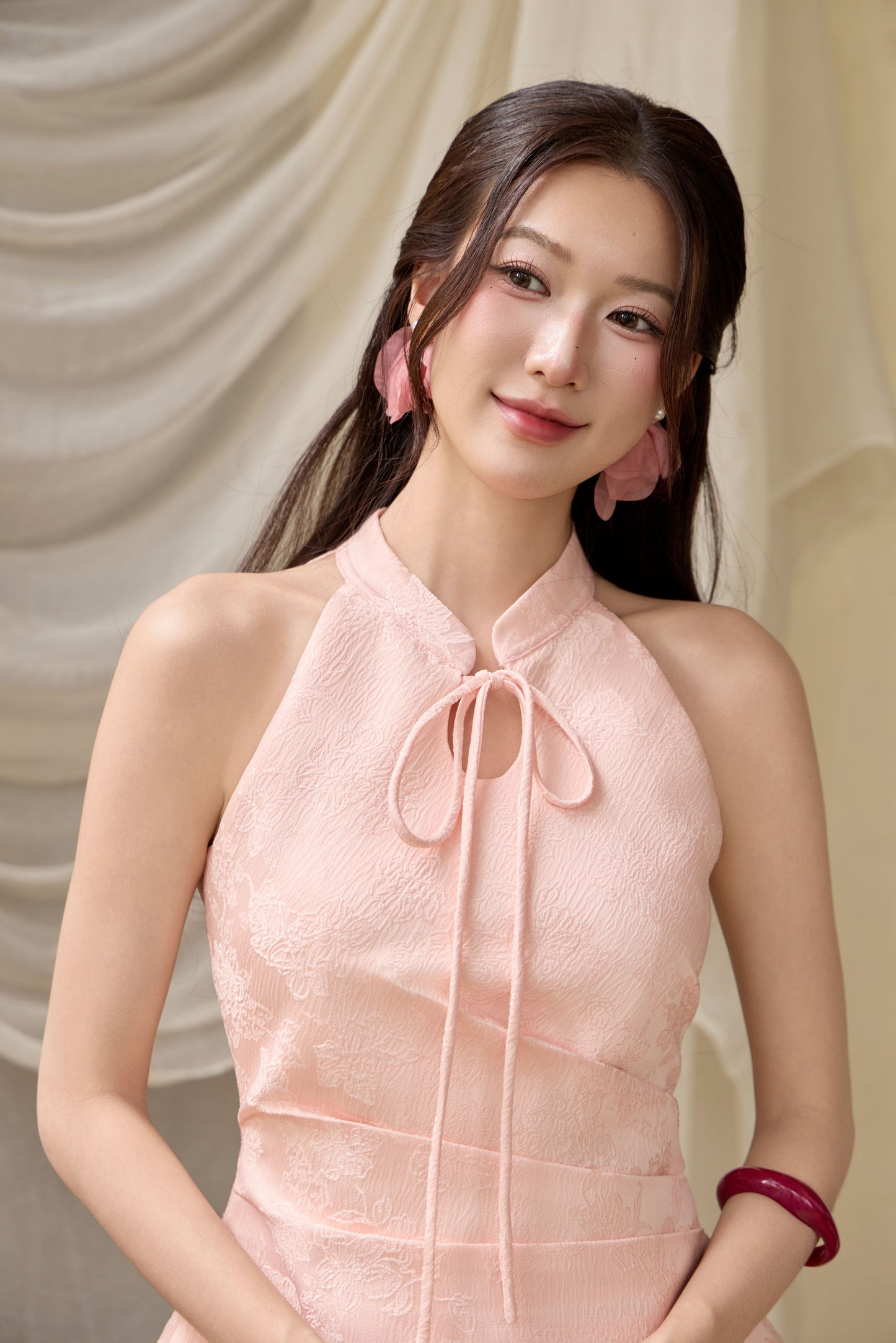 Tang Cheongsam Side Pleat Dress - Pink Jacquard
