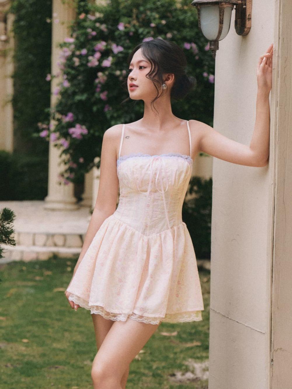 Léa Ribbon Corset Dress - Pink Floral
