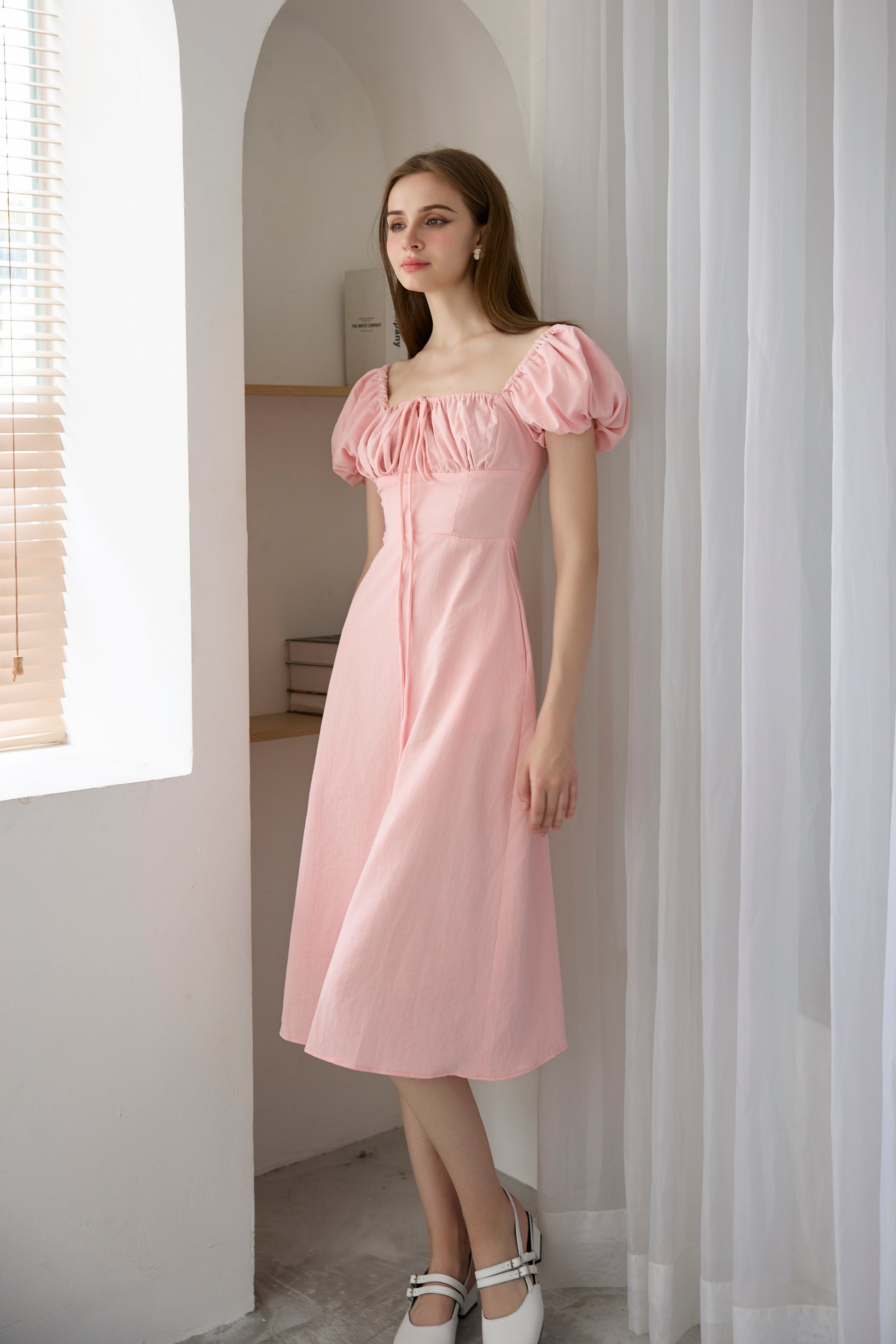 Elora Puffy Sleeve Midi Dress In Pink
