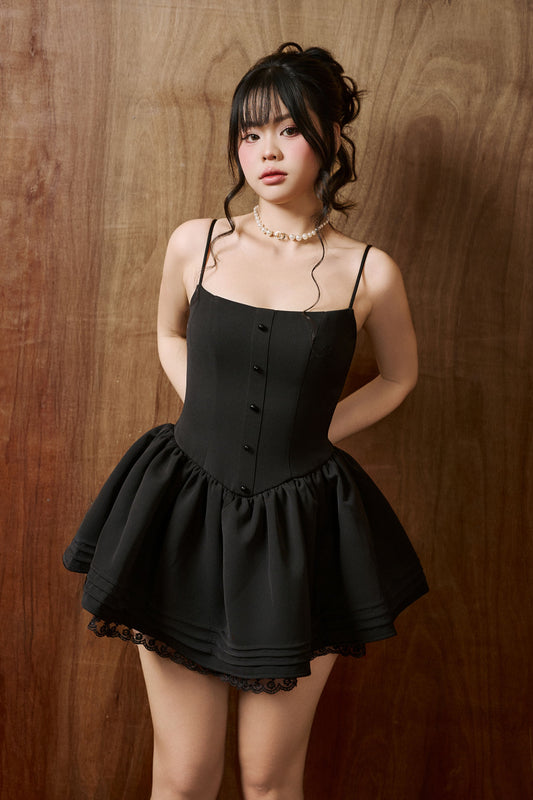 Kiara Corset With Decorative Pearls and Lace Mini Dress - Black