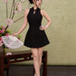 Petal Cheongsam Dress - Plain Black