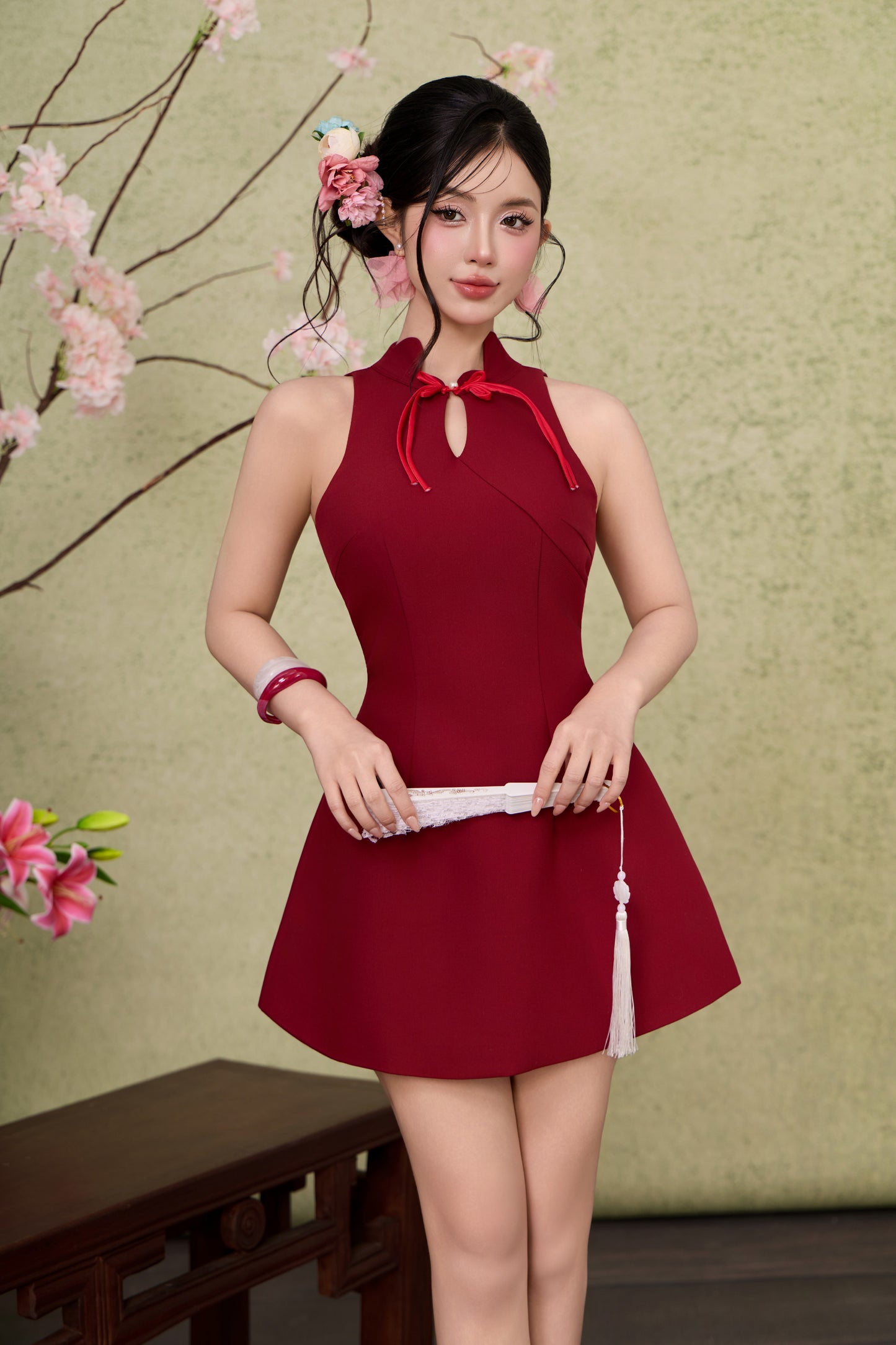Petal Cheongsam Dress - Plain Maroon