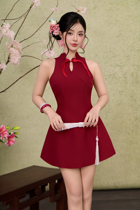 Petal Cheongsam Dress - Plain Maroon