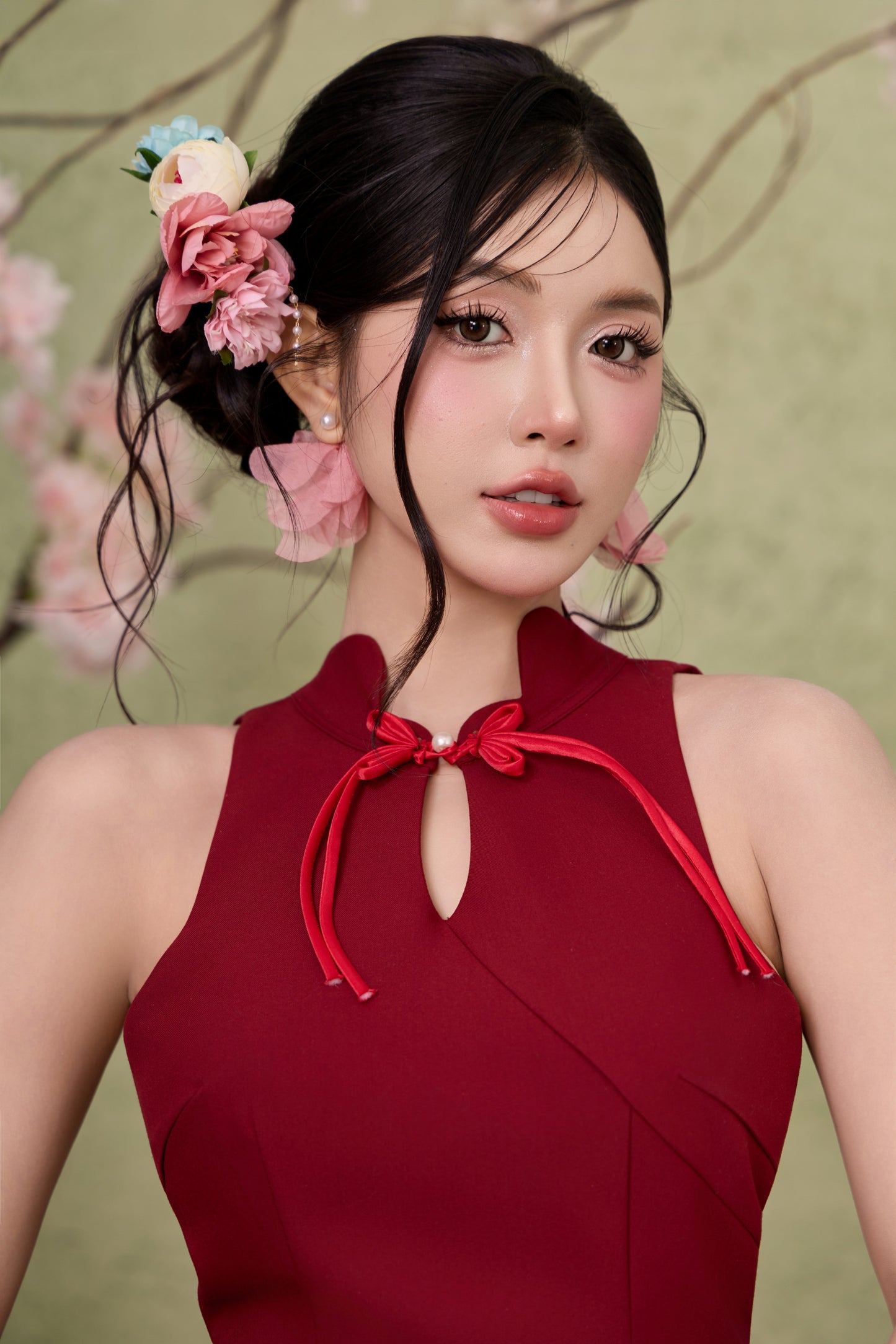 Petal Cheongsam Dress - Plain Maroon