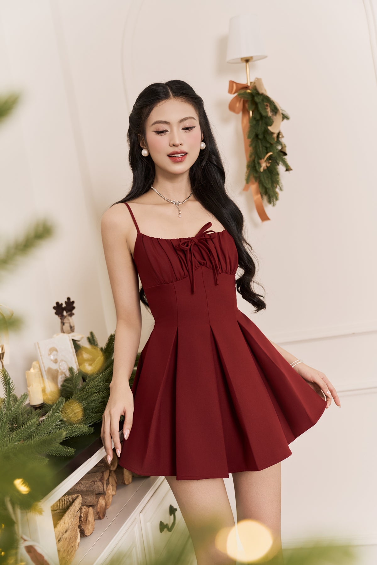Chrissy Pleated Dress - Burgundy