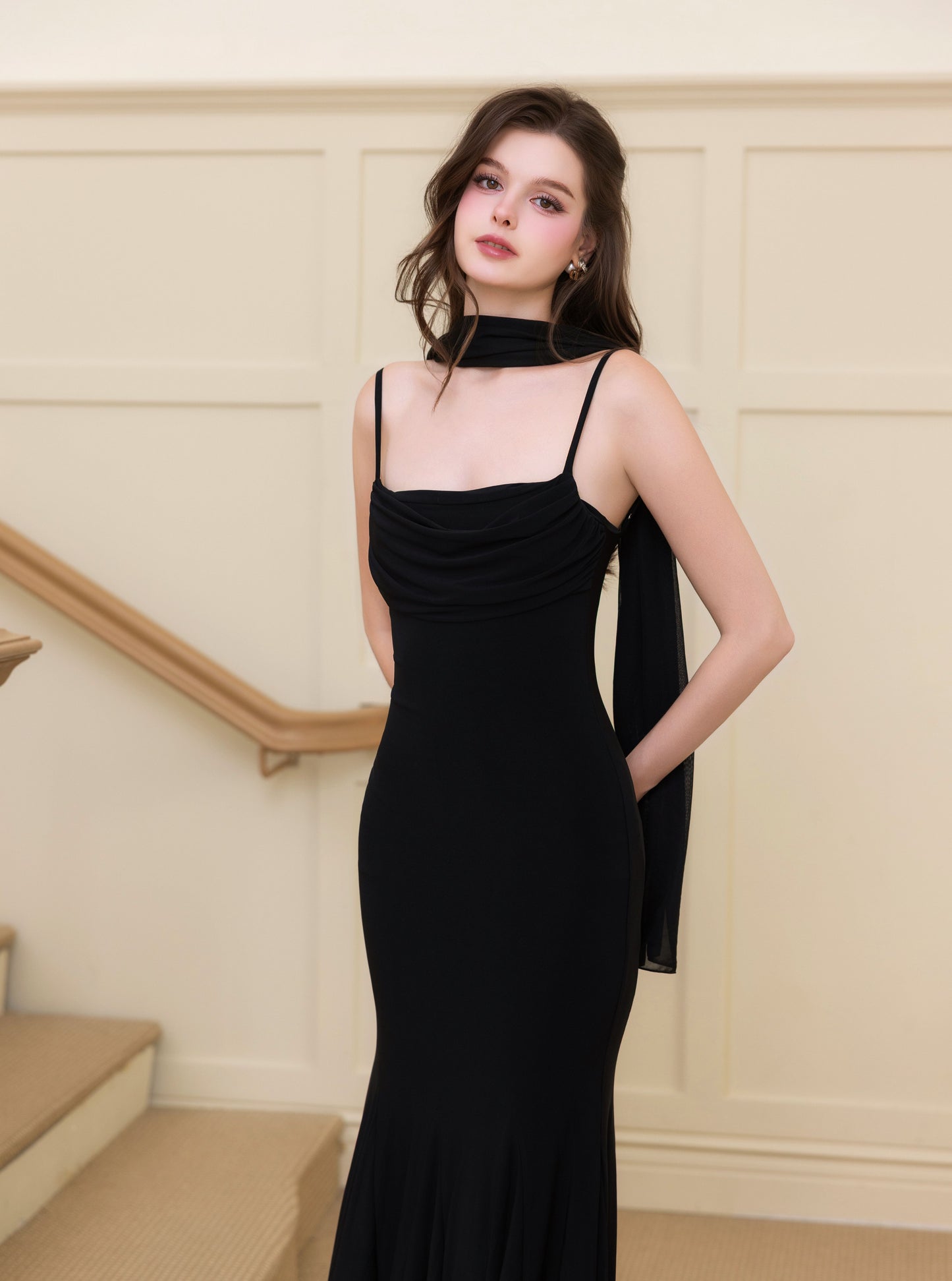 Katherine Cowl Neck Maxi Dress (Comes with Sash) - Black