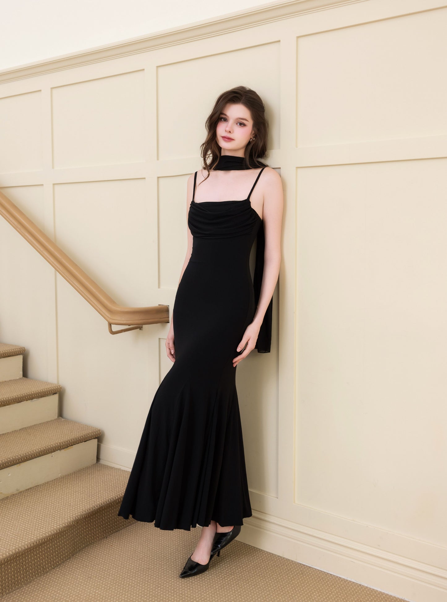 Katherine Cowl Neck Maxi Dress (Comes with Sash) - Black