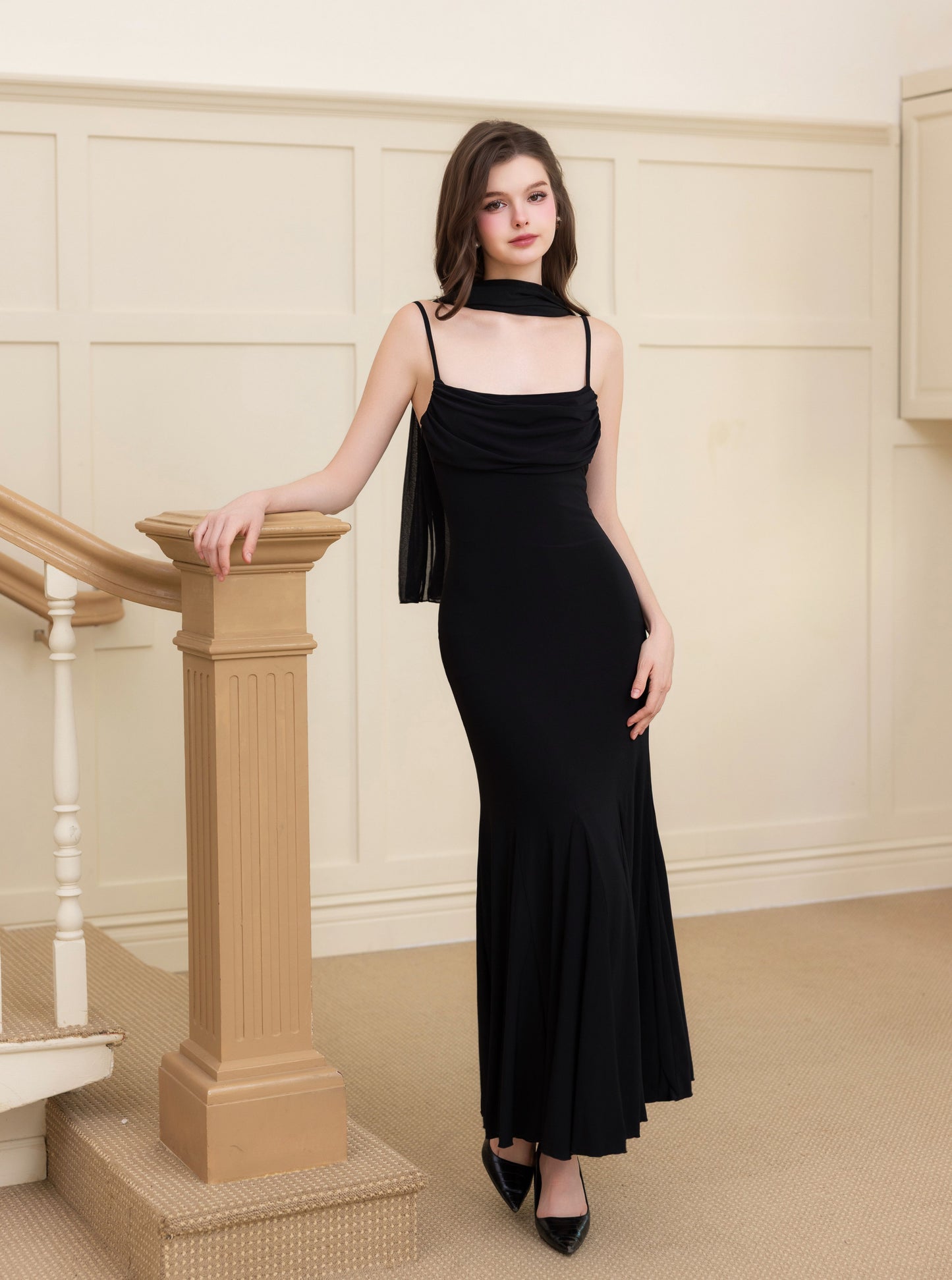 Katherine Cowl Neck Maxi Dress (Comes with Sash) - Black