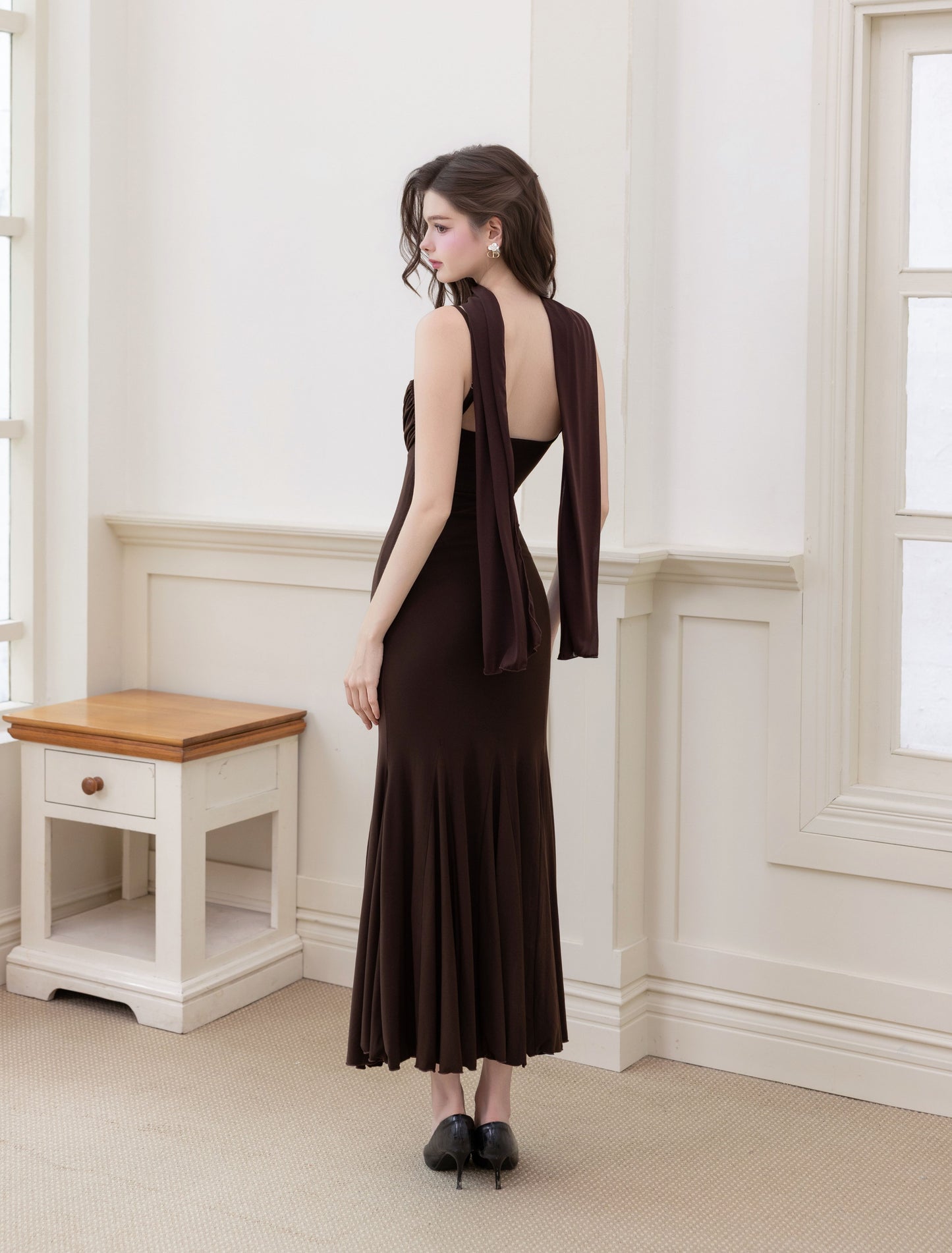 Katherine Cowl Neck Maxi Dress (Comes with Sash) - Brown