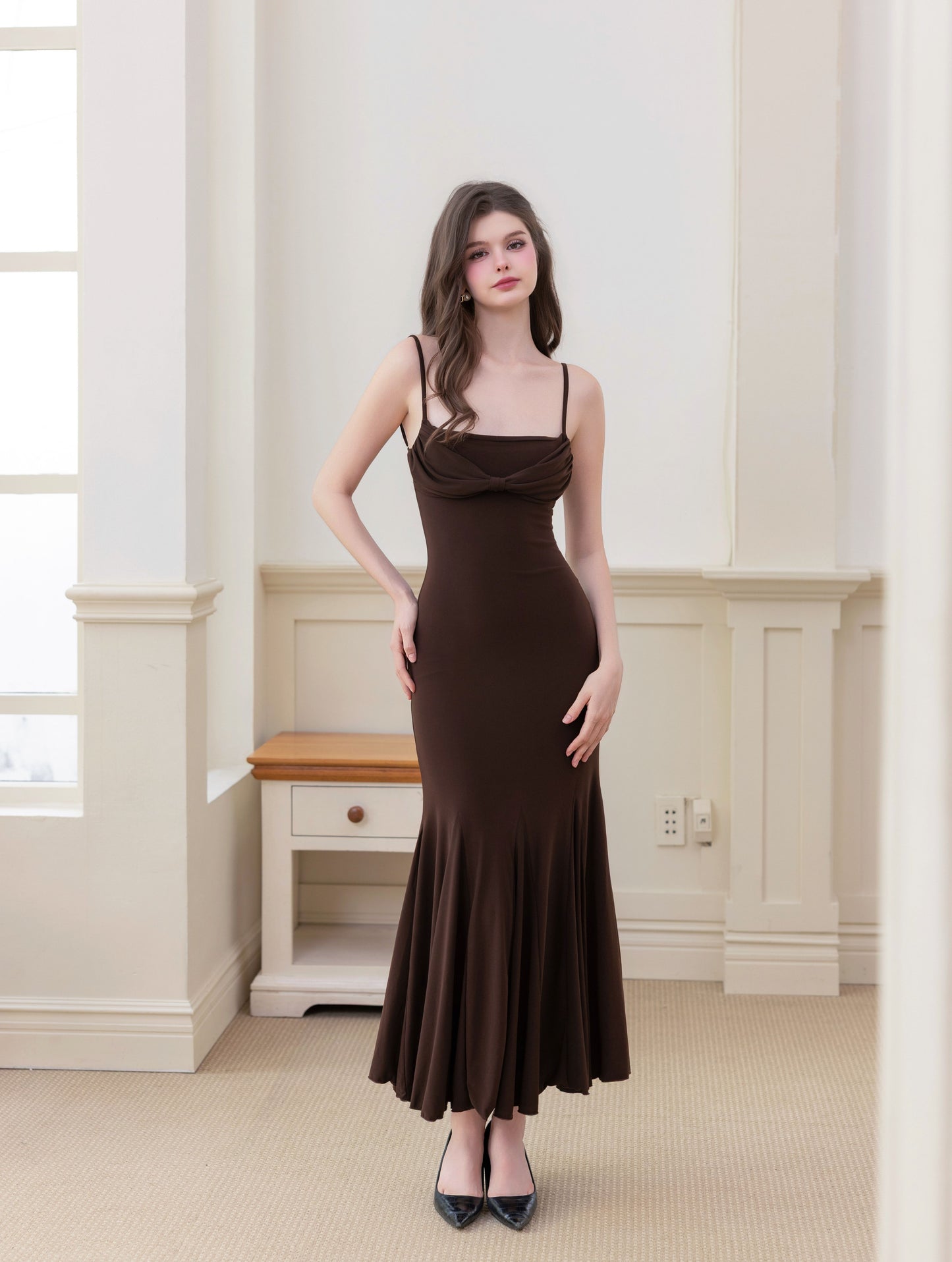 Katherine Cowl Neck Maxi Dress (Comes with Sash) - Brown