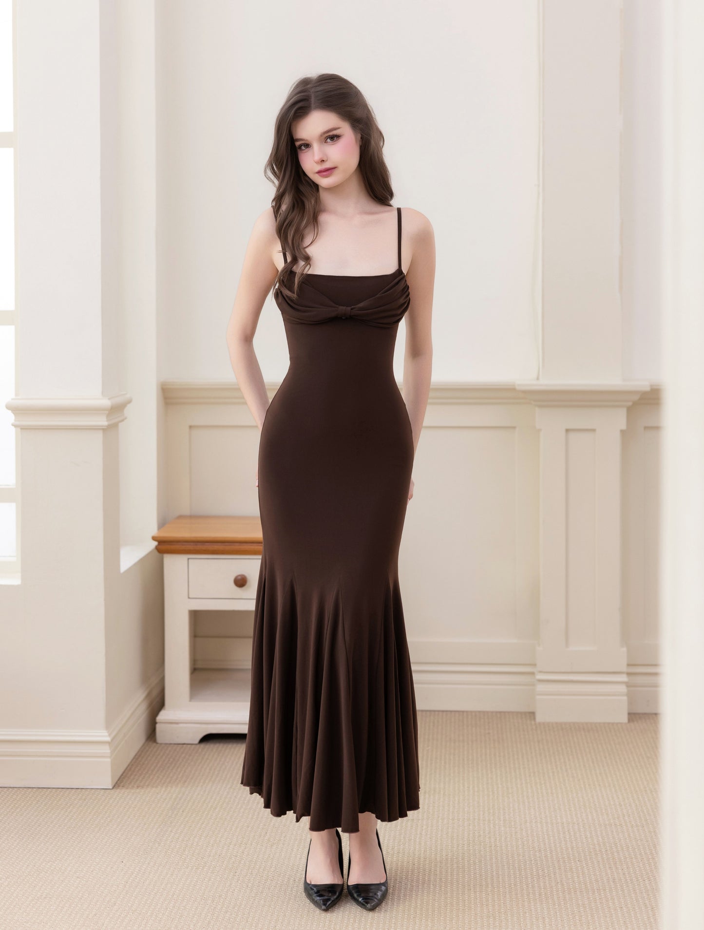 Katherine Cowl Neck Maxi Dress (Comes with Sash) - Brown