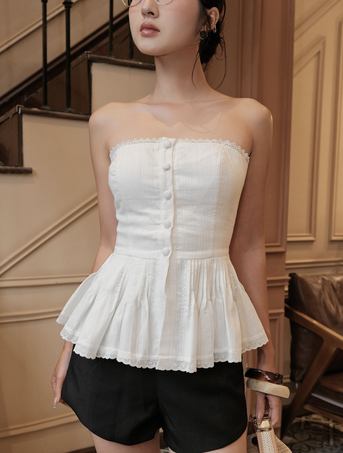 Lye Pleated Padded Top - White