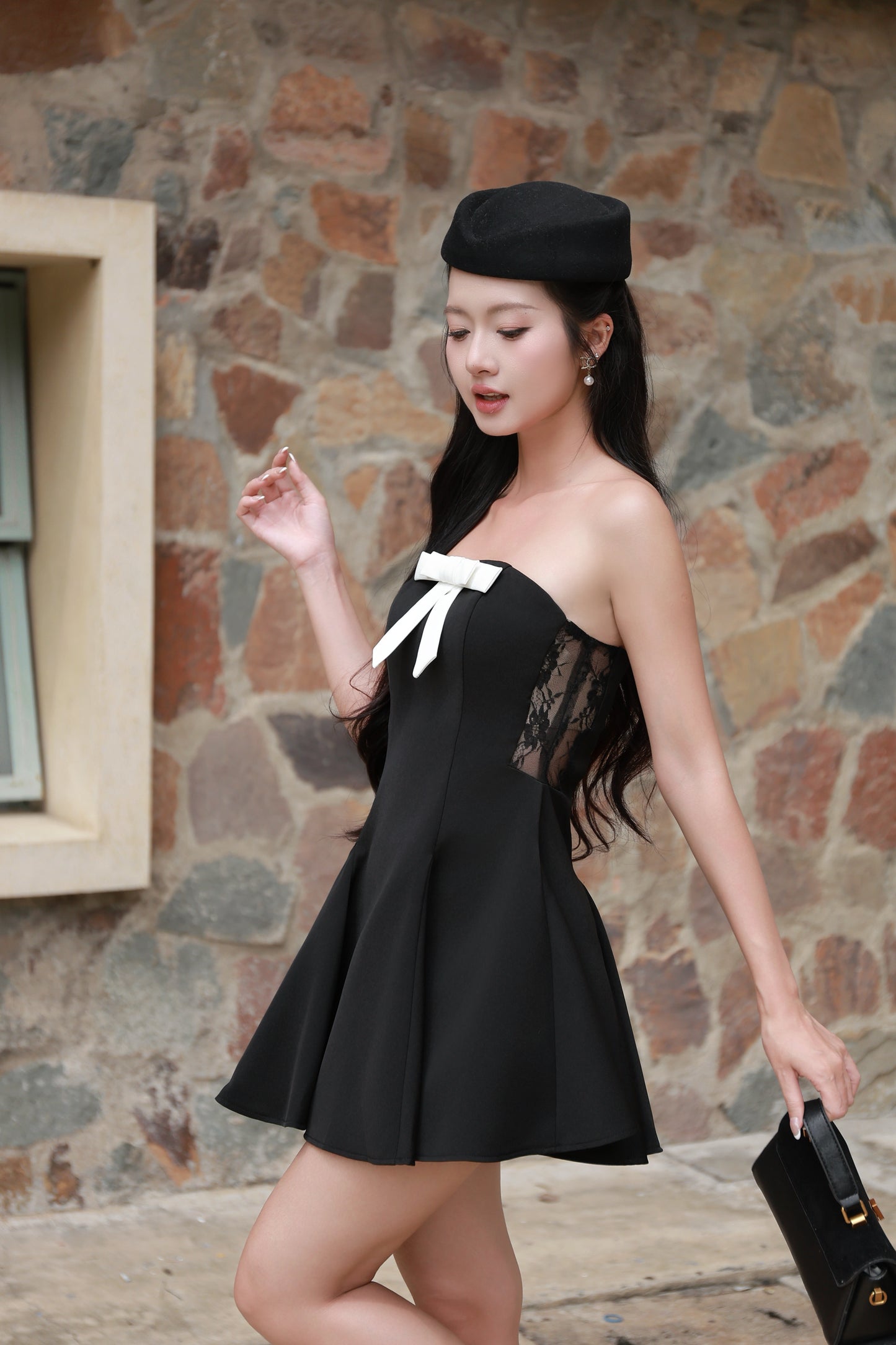 Vivienne Side Lace Mini Dress - Black (Ribbon Included)