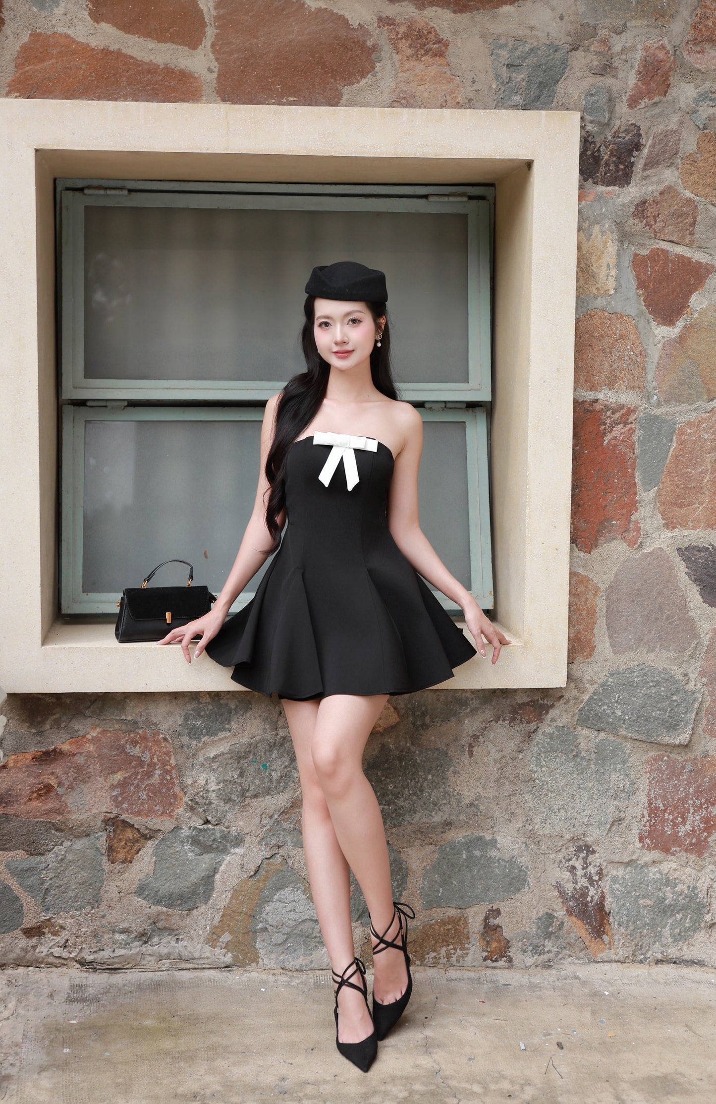 Vivienne Side Lace Mini Dress - Black (Ribbon Included)