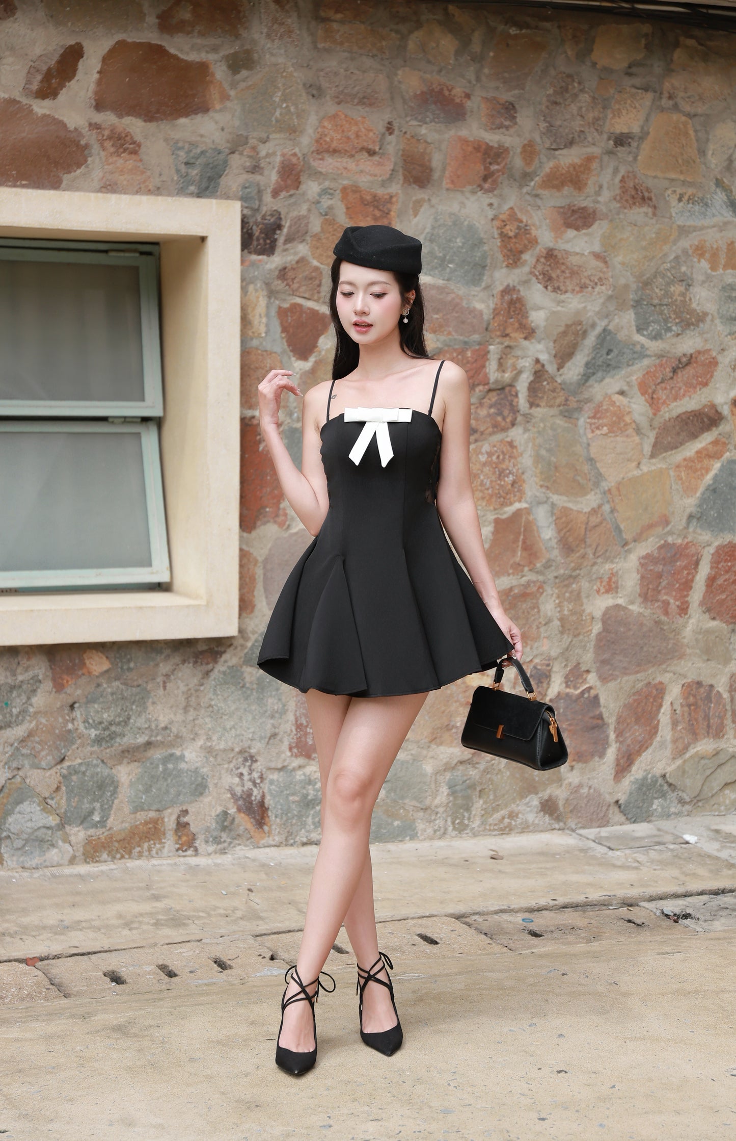 Vivienne Side Lace Mini Dress - Black (Ribbon Included)