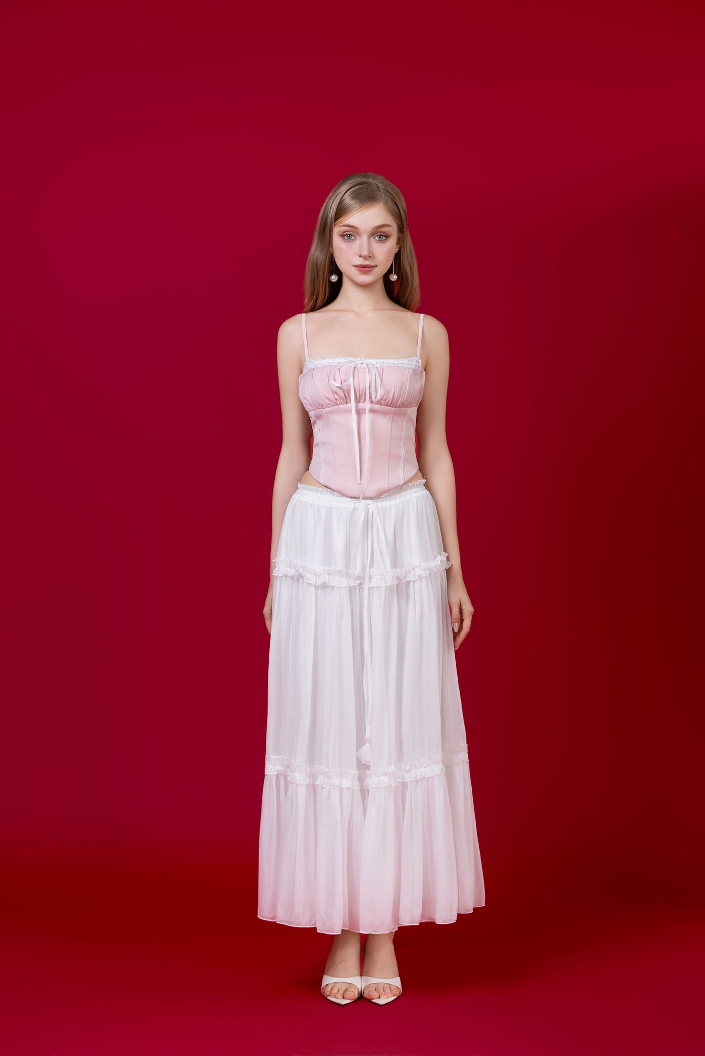 Lovia Ribbon Corset Top - Light Pink (No Boning - fake corset panelling)