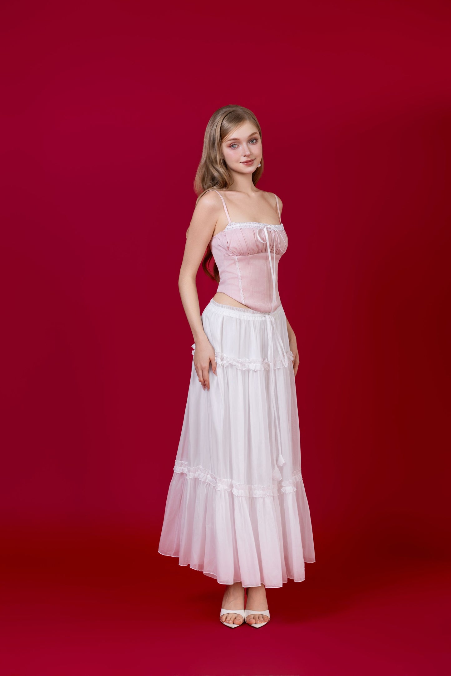 Lovia Ribbon Corset Top - Light Pink (No Boning - fake corset panelling)