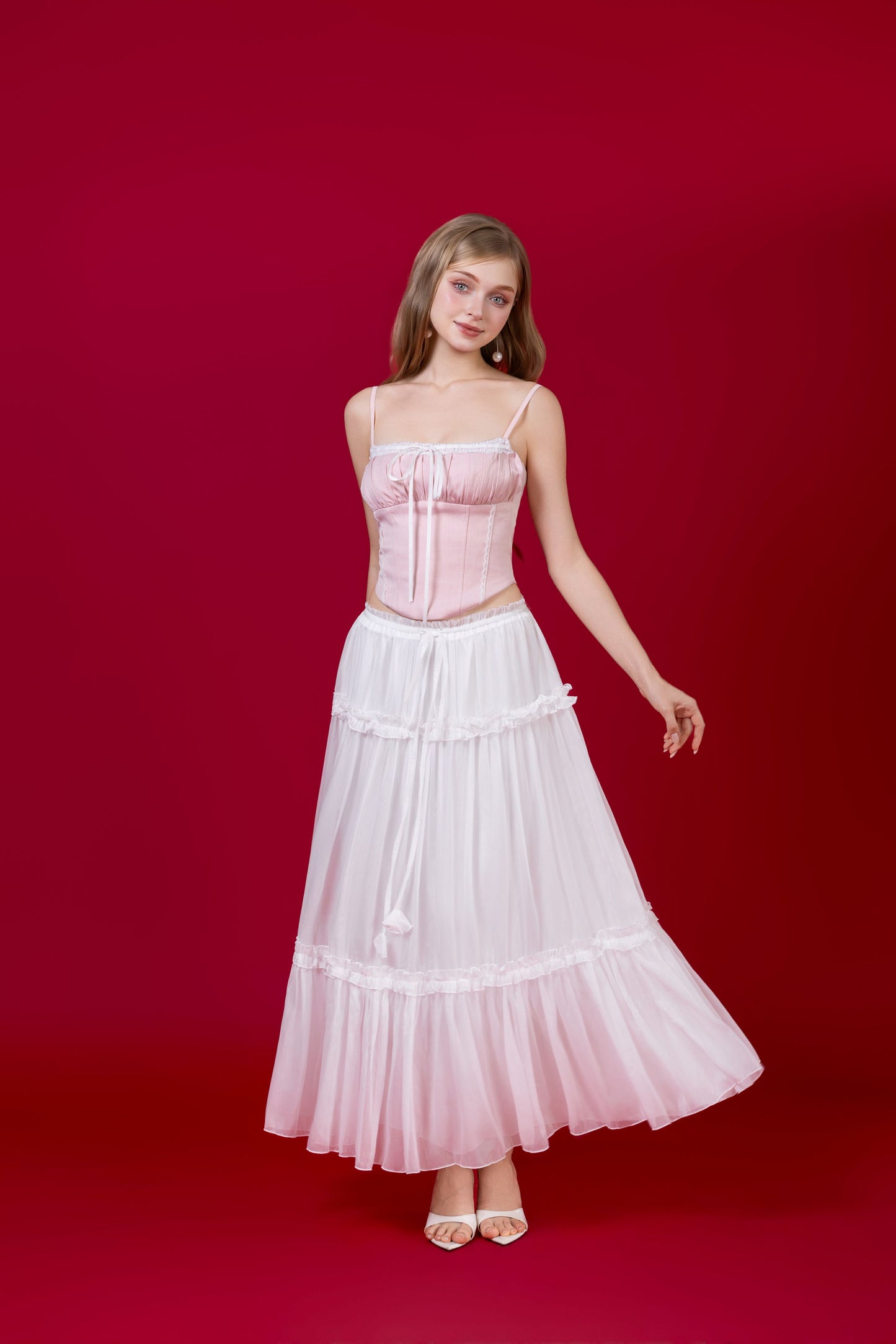 Lovia Ribbon Corset Top - Light Pink (No Boning - fake corset panelling)