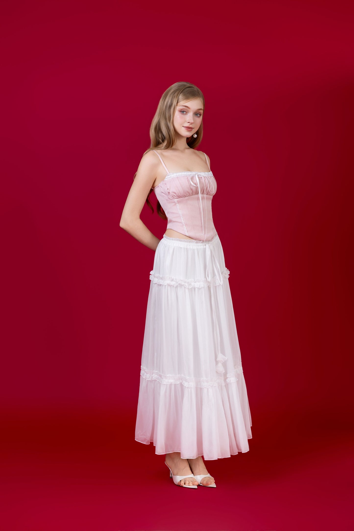 Lovia Ribbon Corset Top - Light Pink (No Boning - fake corset panelling)