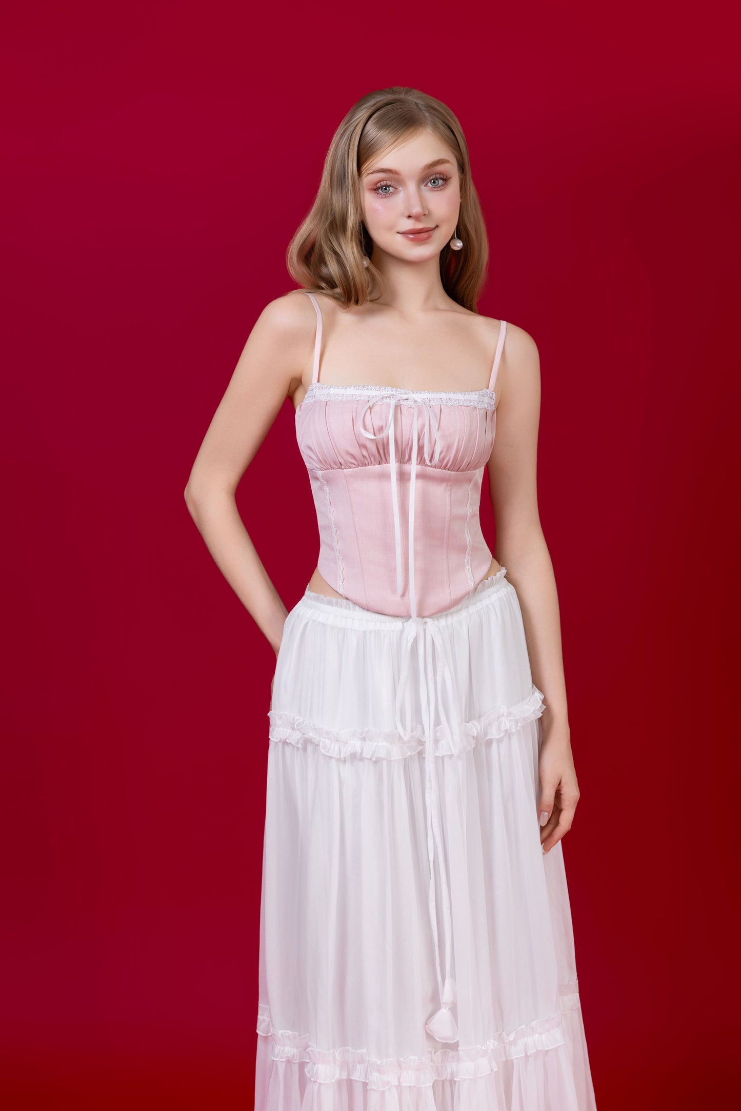 Lovia Ribbon Corset Top - Light Pink (No Boning - fake corset panelling)