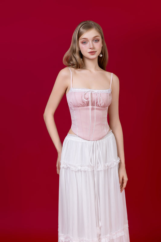 Lovia Ribbon Corset Top - Light Pink (No Boning - fake corset panelling)