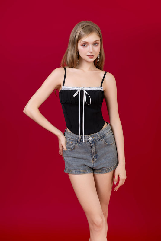 Lovia Ribbon Corset Top - Black (No Boning - fake corset panelling)