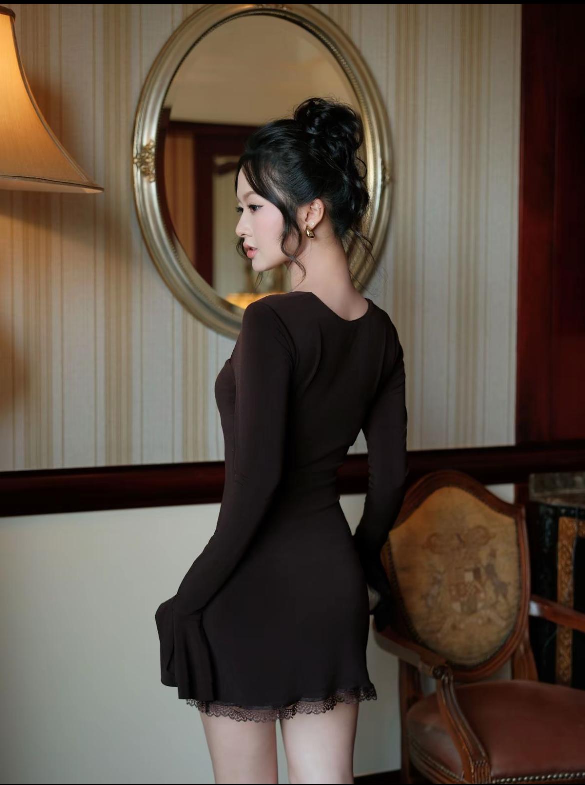 Maya Double Bell Sleeves Mini Long Sleeve Dress - Espresso Brown