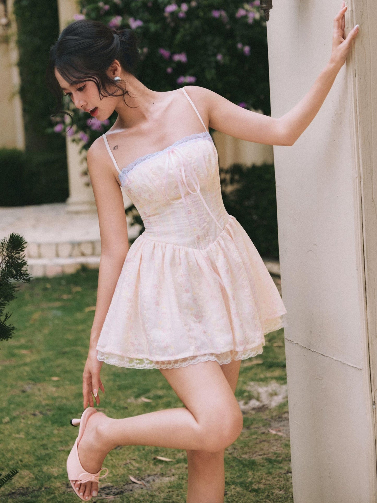 Léa Ribbon Corset Dress - Pink Floral