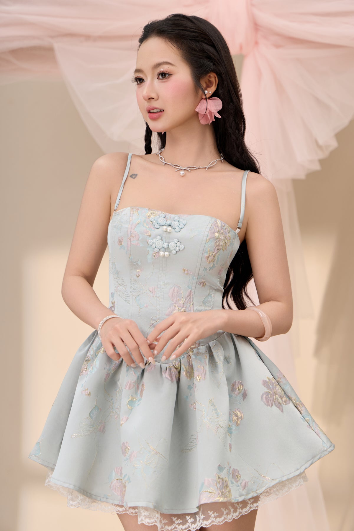 Qin Jacquard Drop Waist Dress - Blue