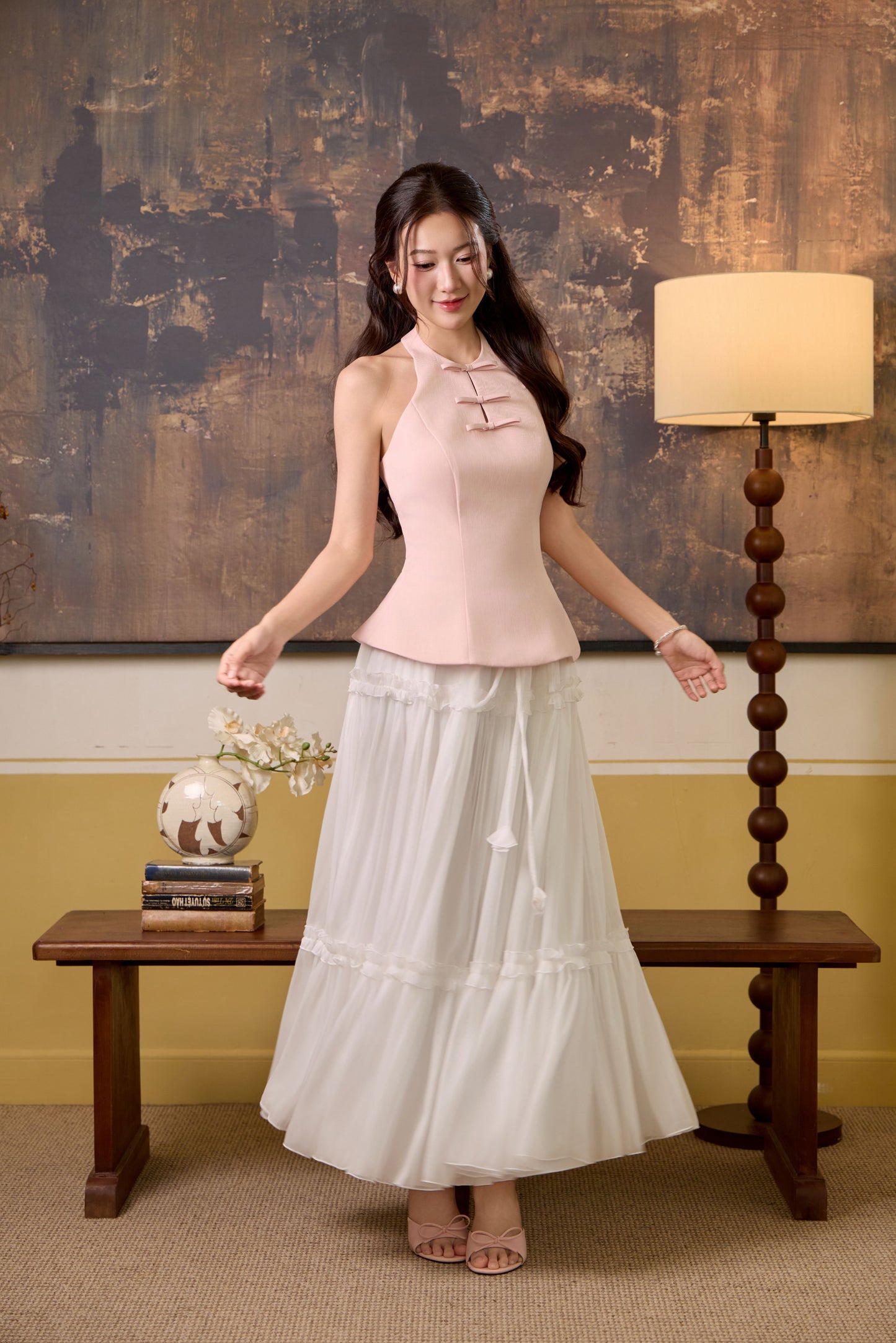 Zena Ribbon Flare Top - Pastel Pink