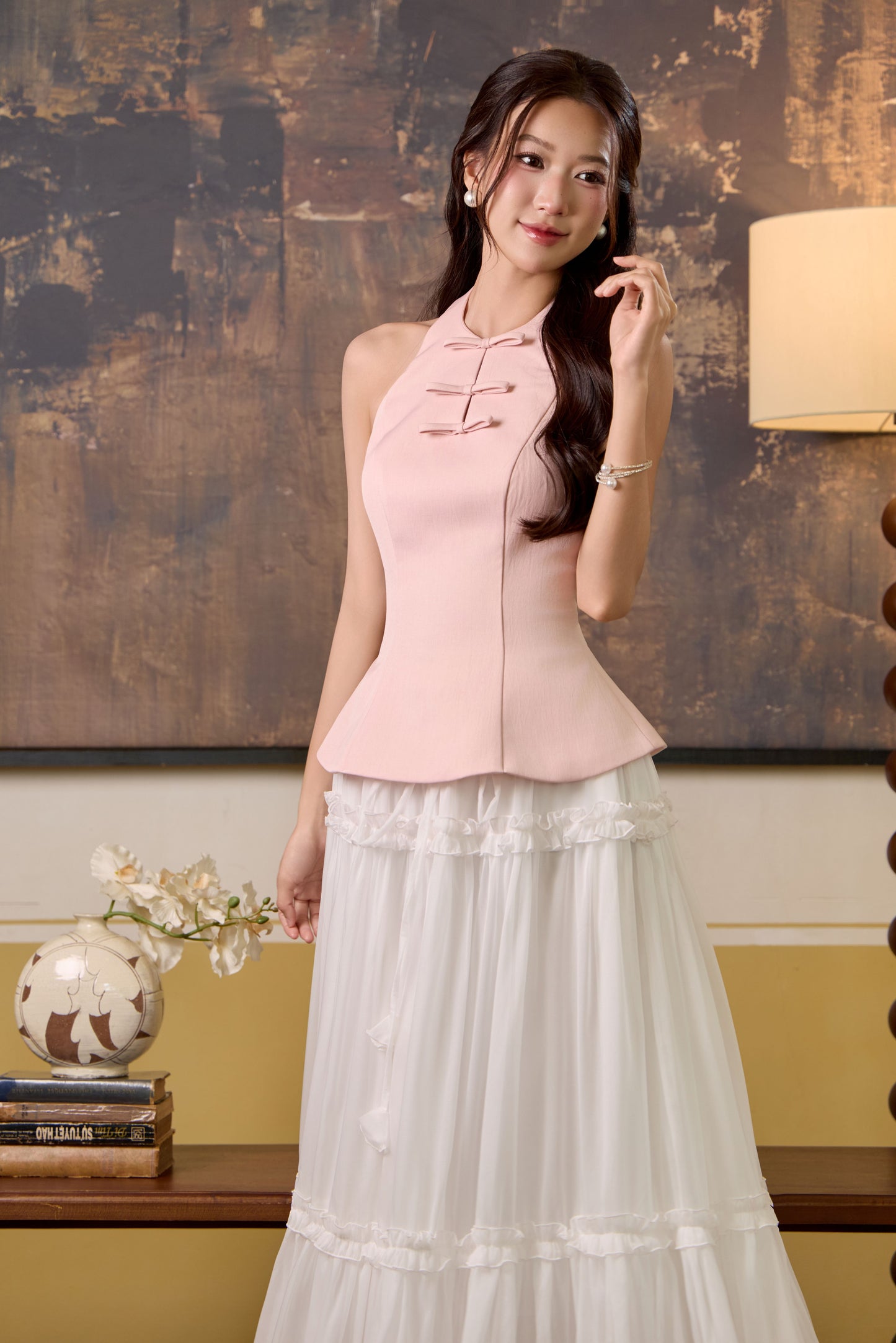 Zena Ribbon Flare Top - Pastel Pink