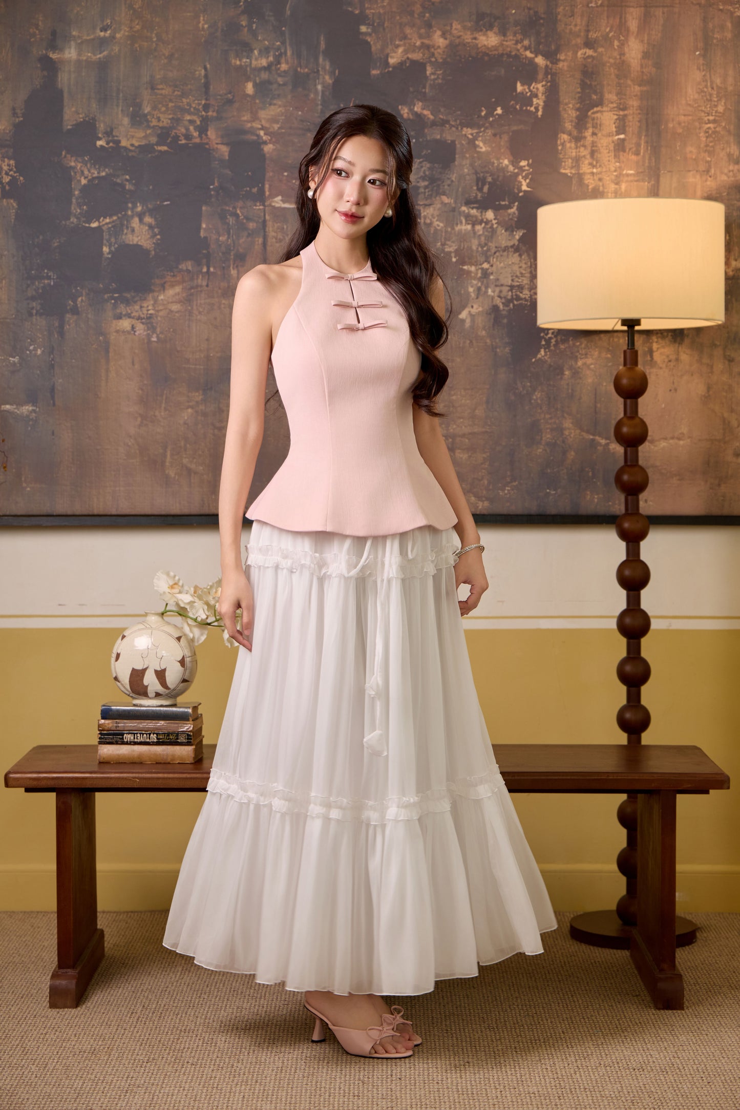 Zena Ribbon Flare Top - Pastel Pink