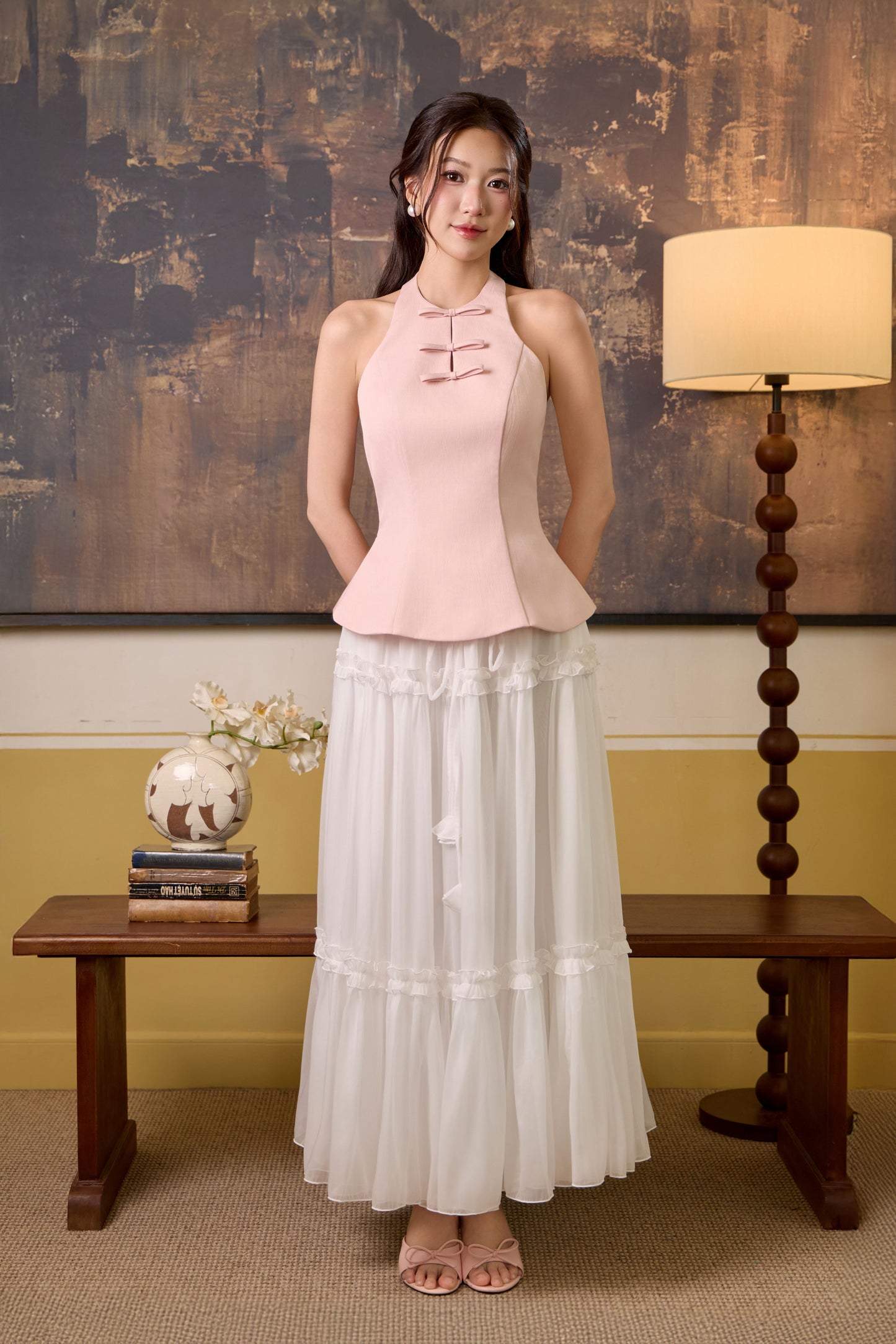 Zena Ribbon Flare Top - Pastel Pink