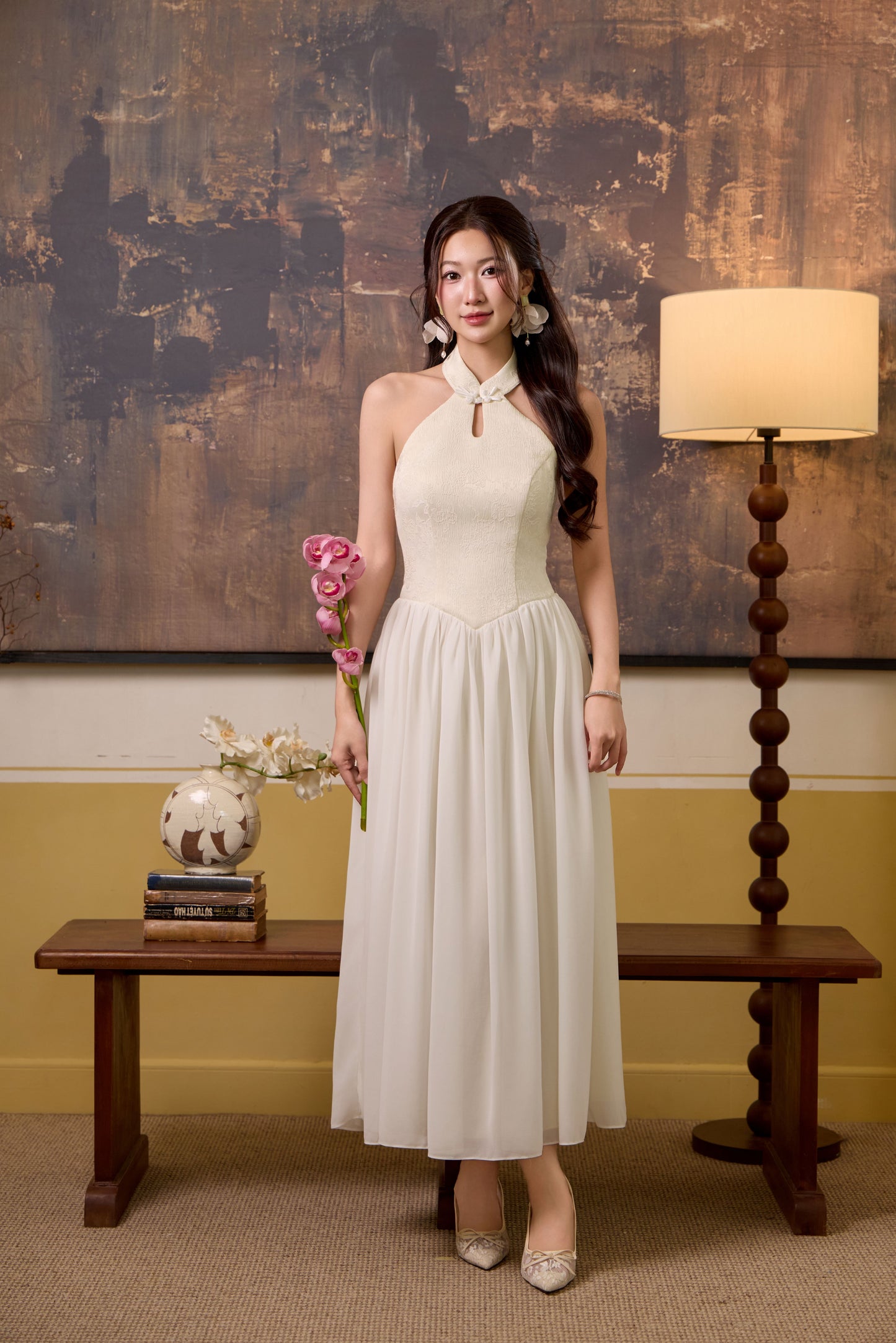 Fu Jaquard Corset Drop Waist Maxi Dress - Cream White