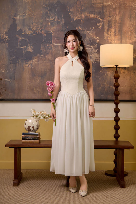 Fu Jaquard Corset Drop Waist Maxi Dress - Cream White