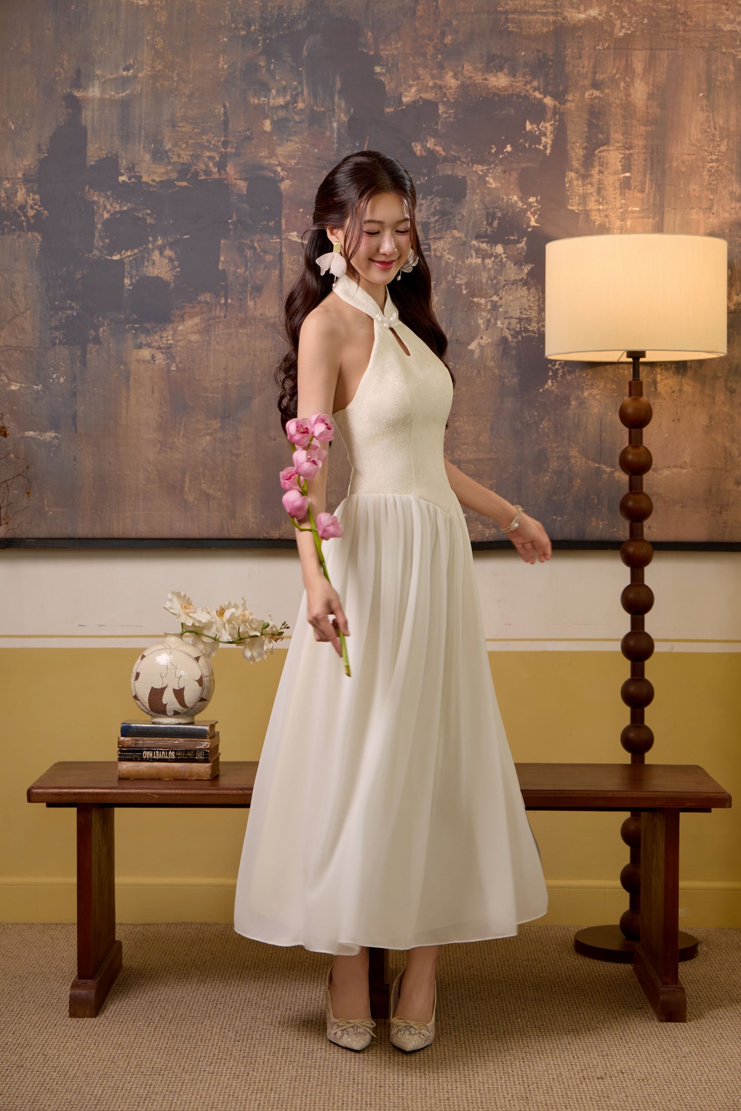 Fu Jaquard Corset Drop Waist Maxi Dress - Cream White