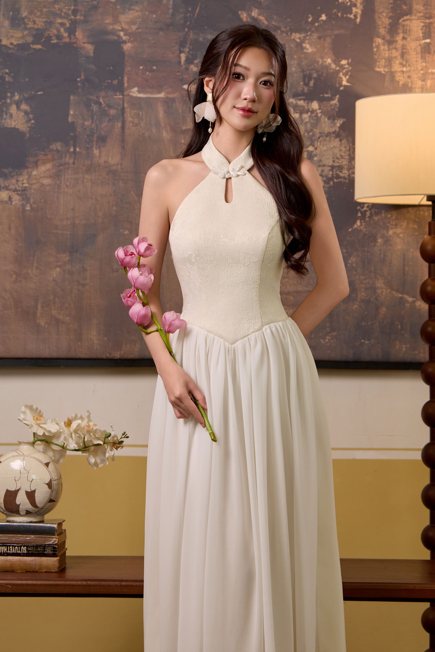 Fu Jaquard Corset Drop Waist Maxi Dress - Cream White