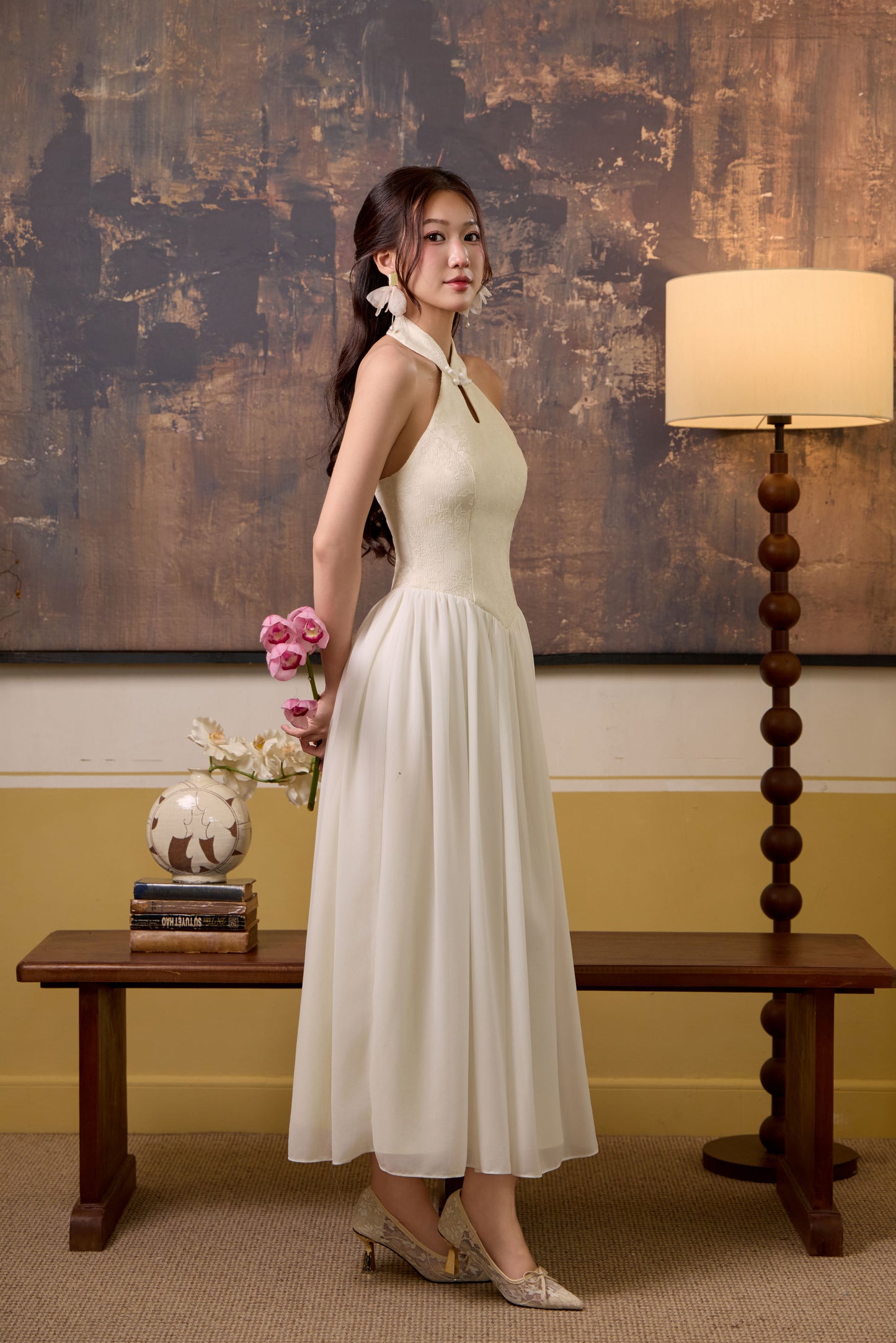 Fu Jaquard Corset Drop Waist Maxi Dress - Cream White