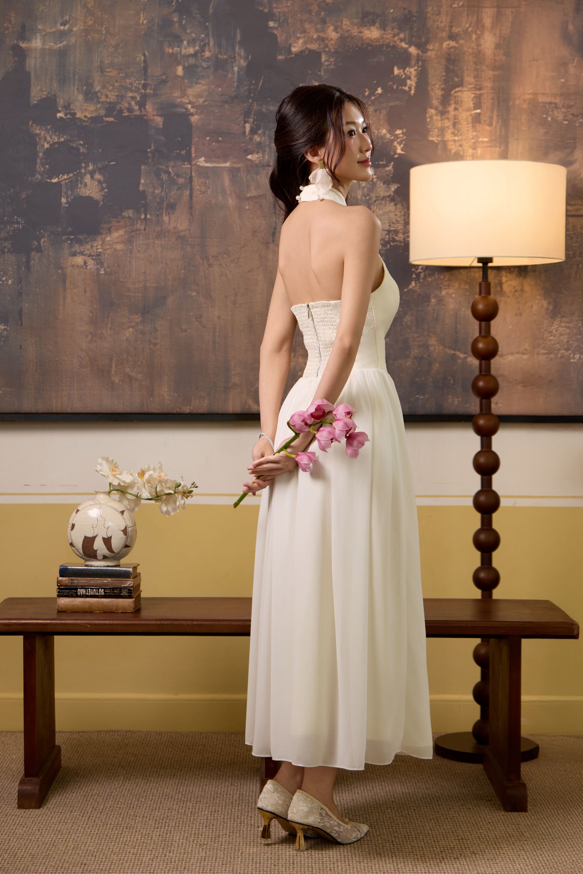 Fu Jaquard Corset Drop Waist Maxi Dress - Cream White bubd Fu Jaquard Corset Drop Waist Maxi Dress - Cream White bubd