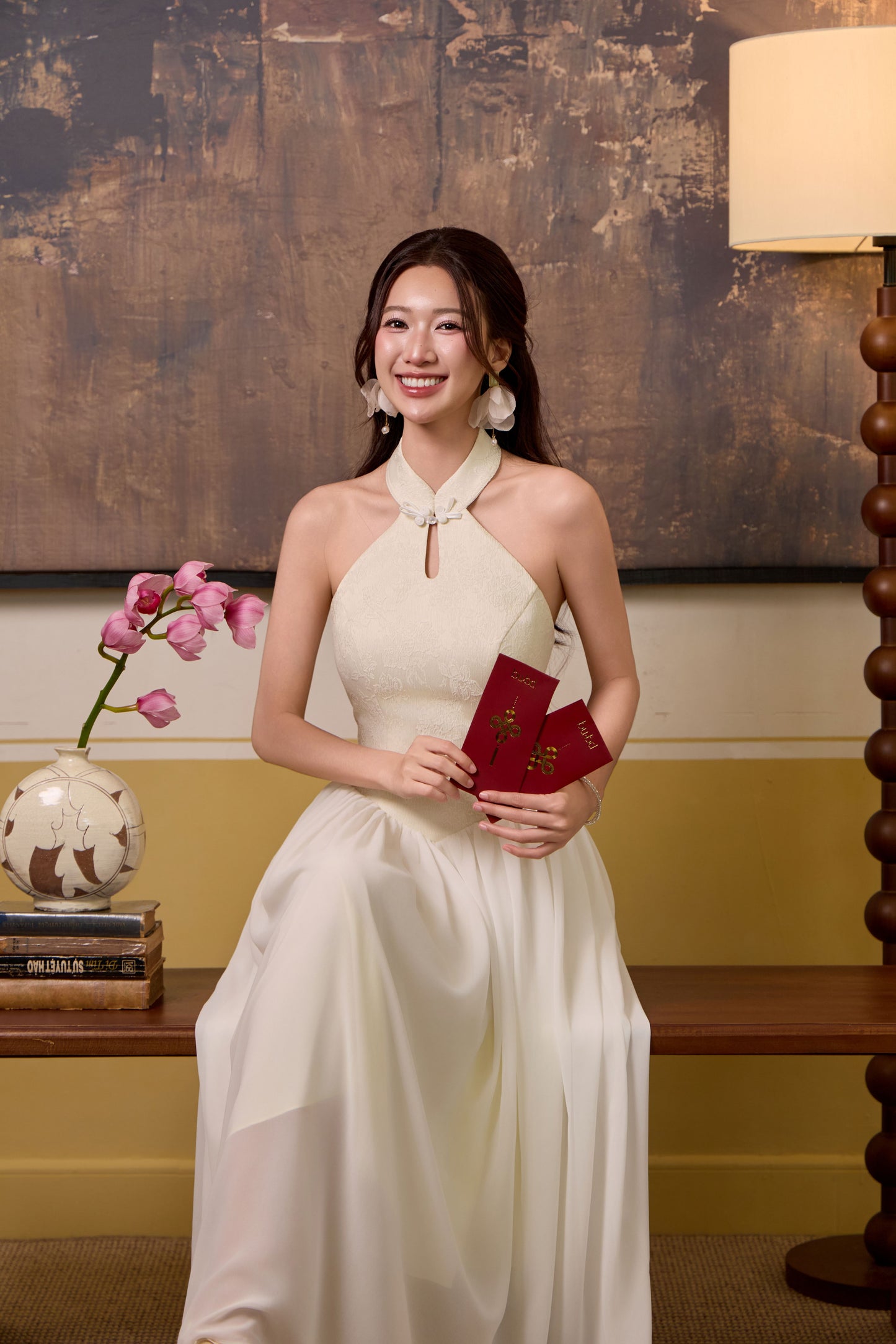 Fu Jaquard Corset Drop Waist Maxi Dress - Cream White