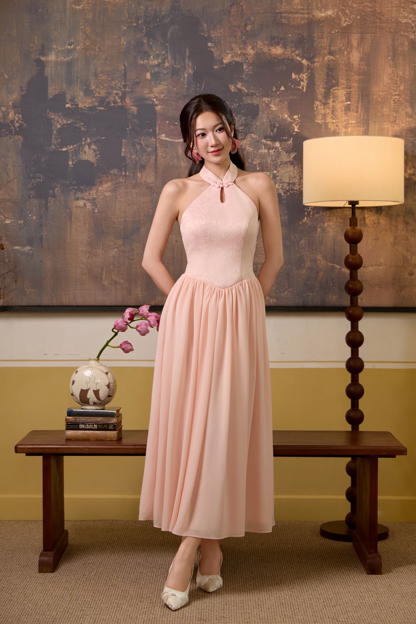 Fu Jaquard Corset Drop Waist Maxi Dress - Pink