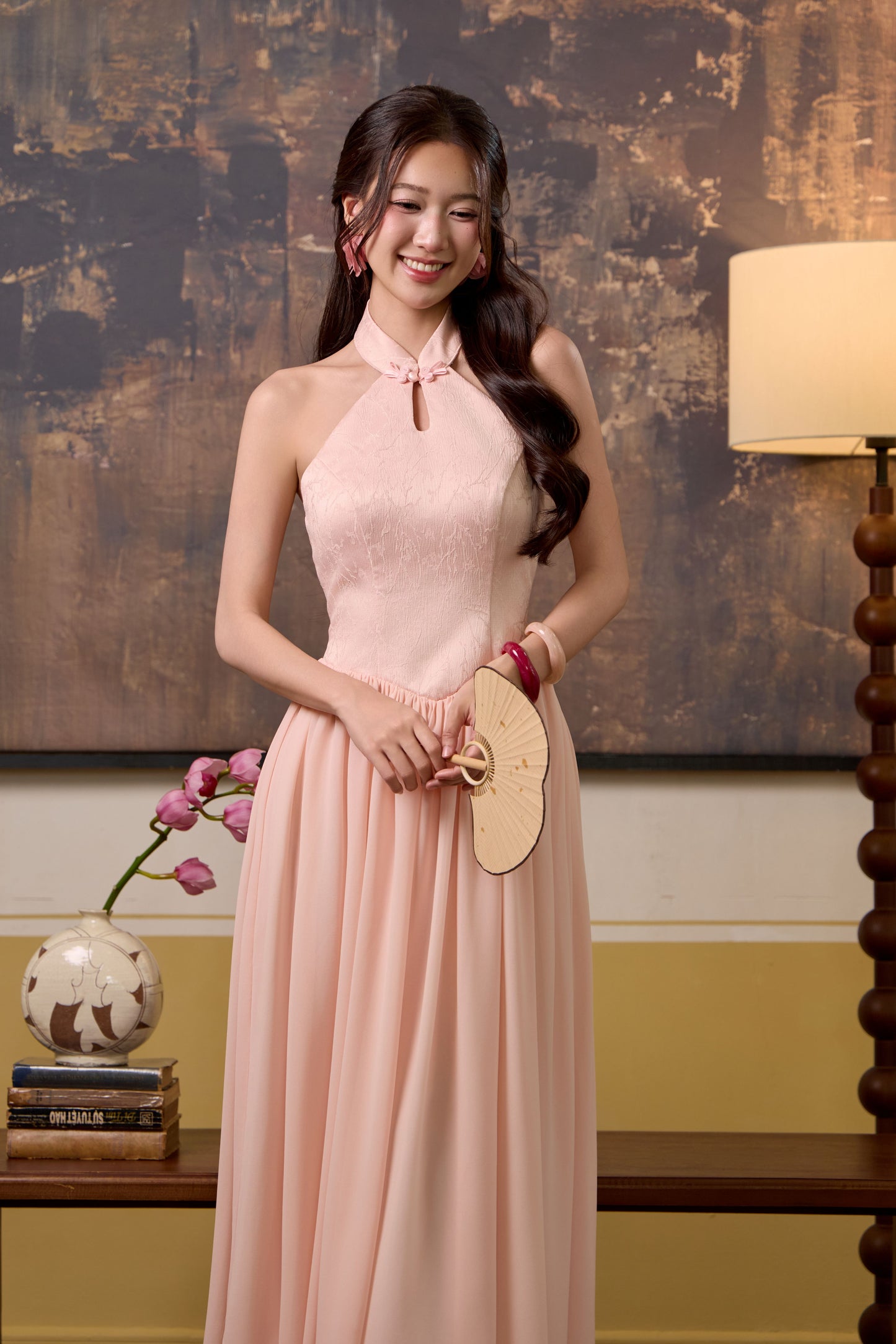 Fu Jaquard Corset Drop Waist Maxi Dress - Pink