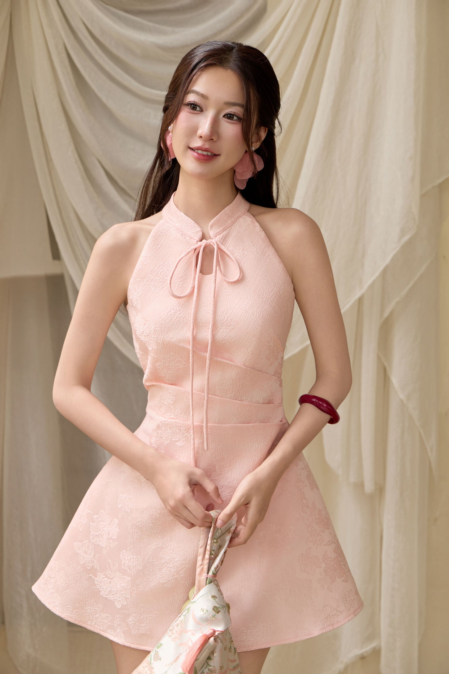 Tang Cheongsam Side Pleat Dress - Pink Jacquard